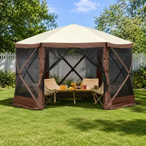 [Father's Day Gifts]VEVOR 12x12ft 6-Sided Pop-Up Sunshade Canopy Tent, Camping Gazebo Screen Tent with Mesh Windows, Portable Carry Bag & Stakes, Camping Equipment for Outdoor Lawn & Backyard, Brown/Beige