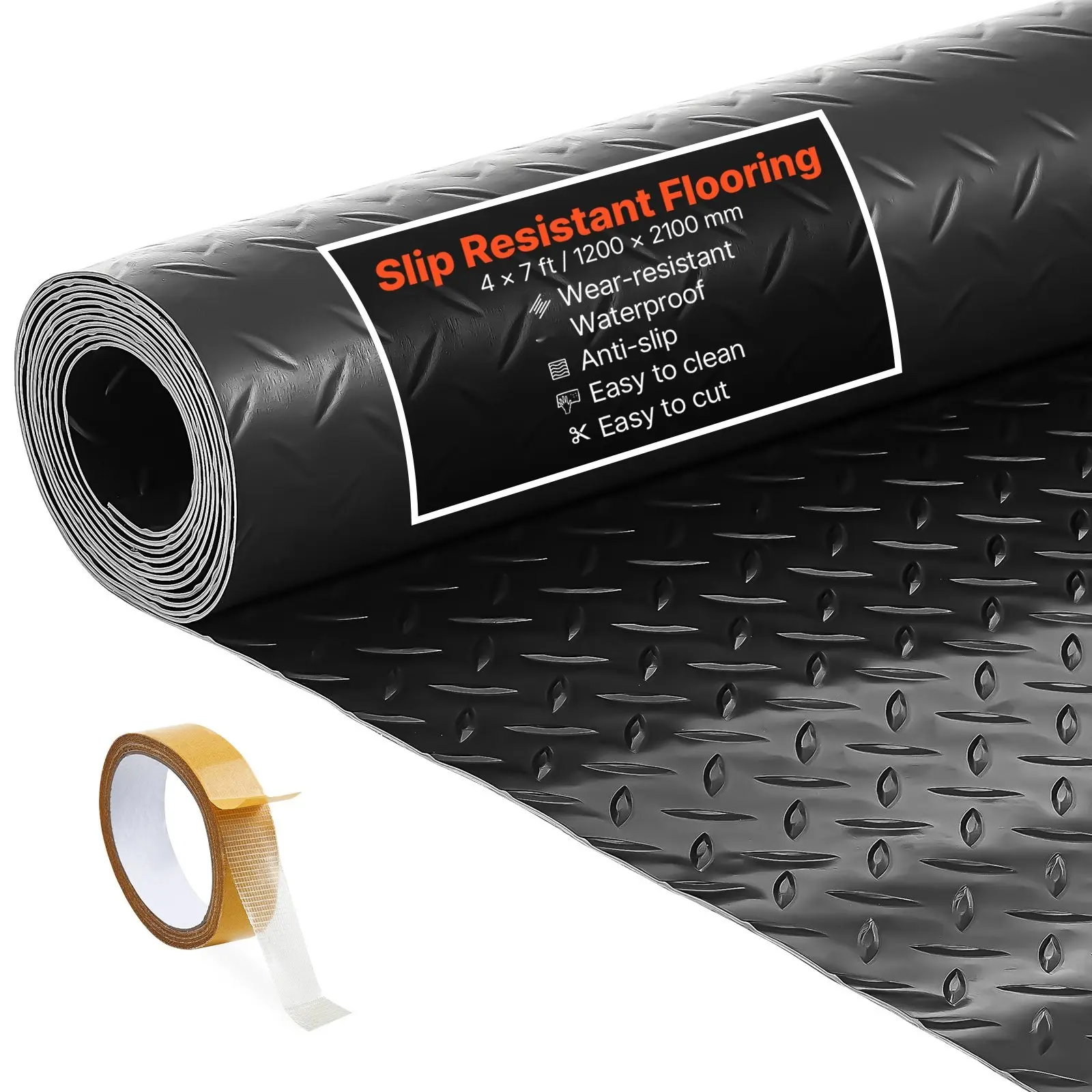 Garage Floor Roll 4 x 7 ft Thickened 2.2 mm PVC Diamond Plate Floor Protector Mat with Heavy-Duty Double-Sided Tape, Non-Slip Surface, Easy to Clean, Water-Resistant and Durable, Ideal for Warehouses, Gyms, Trailers, Black