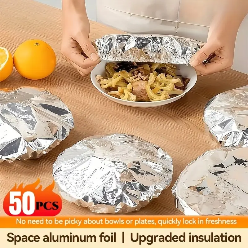 50 Reusable Aluminum Foil Food Covers, Kitchen Food Storage Lids, Cooking, Keep Food Warm and Fresh, Bake Alumimium Foil, Food Grade Aluminum Foil