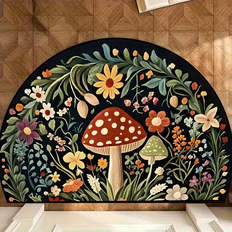 A mushroom floral pattern half-circle area mat, Flannel backing material, lightweight and machine washable, practical welcome mat, outdoor and indoor entrance door mat, headboard carpet, bathroom mat, small area mat.