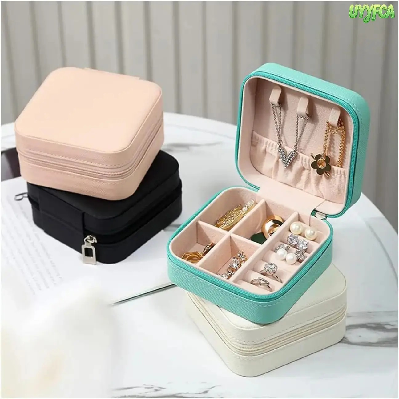 Palm Sized Mini Travel Jewelry Box,Diagonal Grain PU Zipper Jewelry Organizer Case, Built-In Necklace Hooks Ring Roll Earring Storage Slots, Soft Anti Tarnish Velvet Lining, Lightweight Pocket Portable Design, Ideal For Daily Jewelry Storage, Vacation