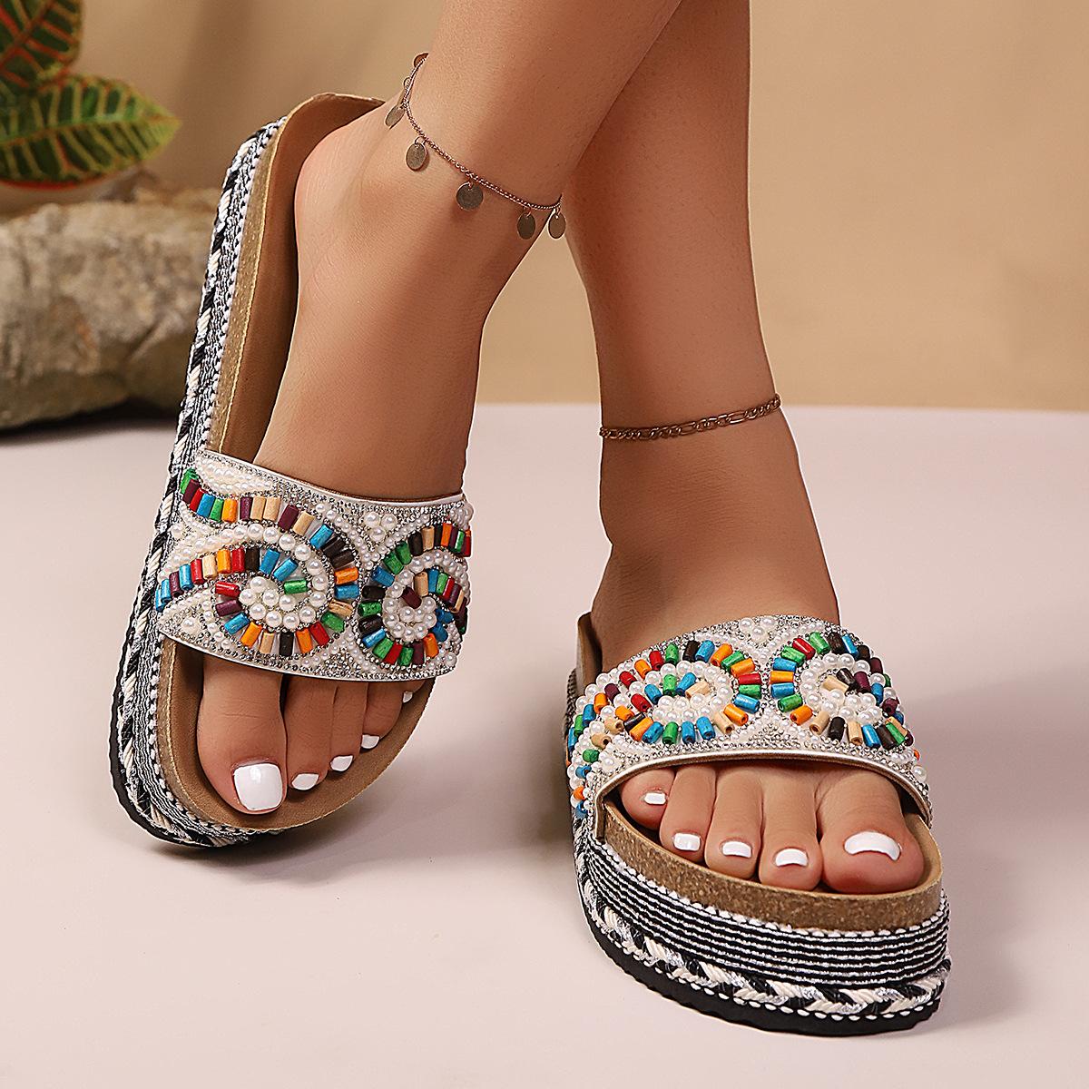Women's Platform Sandals Summer Beach Slides with Pearl Embellished Cork Wedge Soft Sole Slippers Large Size Comfort Outdoor Shoes Ethnic Style Fashion Footwear for Women