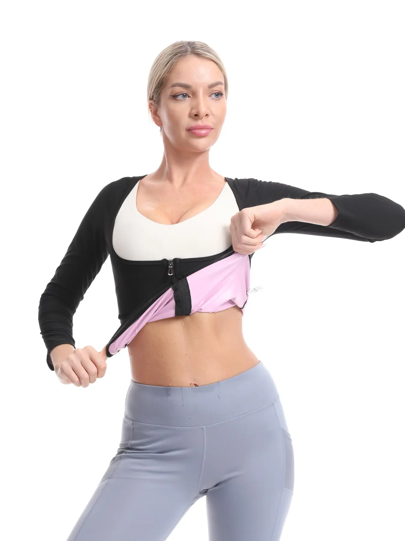 Women's Long Sleeve Sweatshirt with Non-Slip Strips, Zipper Waist Trainer, Fitness Shaping Sauna Top, Fat Burning Upper Body Workout Clothes