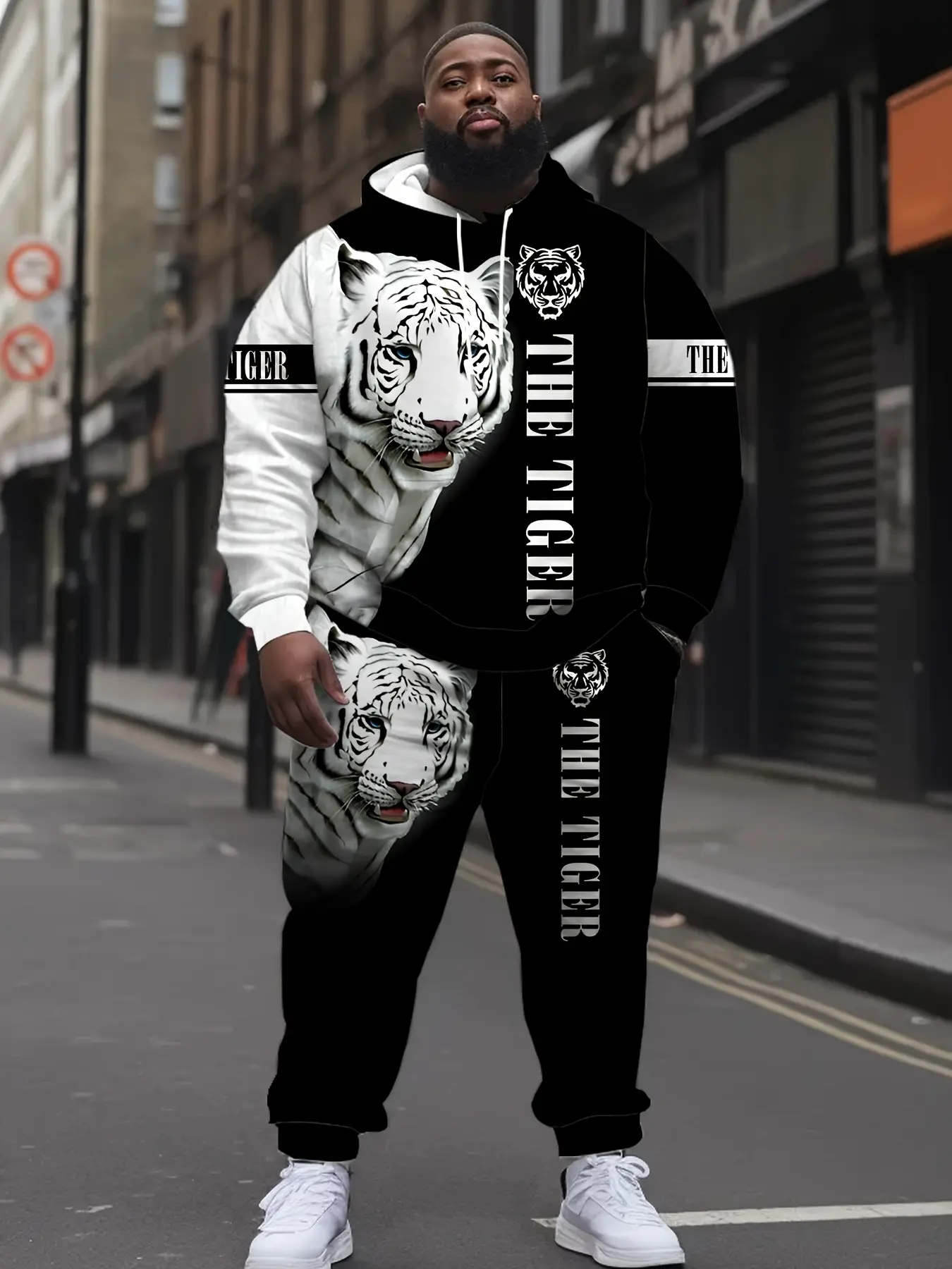 Men'S Suit Tiger Design Printed Casual Pullover Long Sleeved Hooded Sweatshirt+Drawstring Casual Pants 2-Piece Set, Unisex Couple Hooded Sweatshirt Set