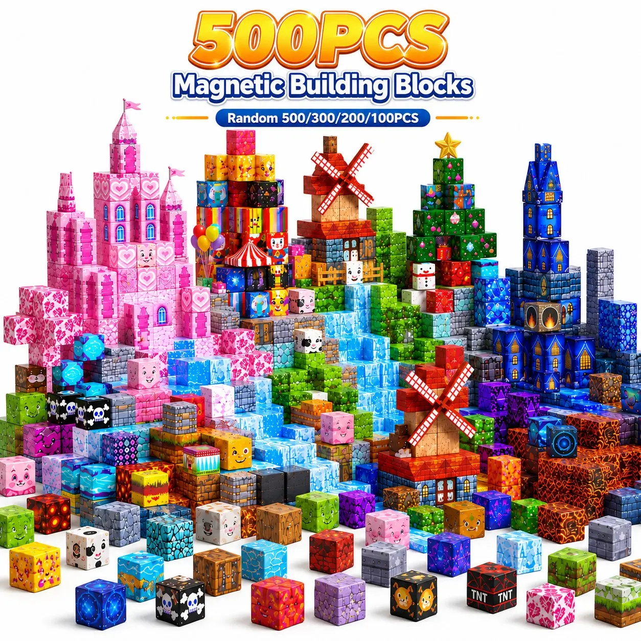 Random 100/200/300/500PCS Magnetic Building Blocks for Kids, Magnetic Cubes Construction Set, STEM Montessori Sensory Stacking Toys, Creative Educational Building Toy, Birthday Christmas Gifts for Boys & Girls Ages 3+