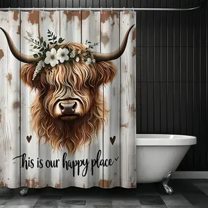 1pcs Distressed Wood Highland Cow Shower Curtain, Floral Crown Heart Quote Print, Rustic Farmhouse Bath Divider, Cozy Country Home Decor