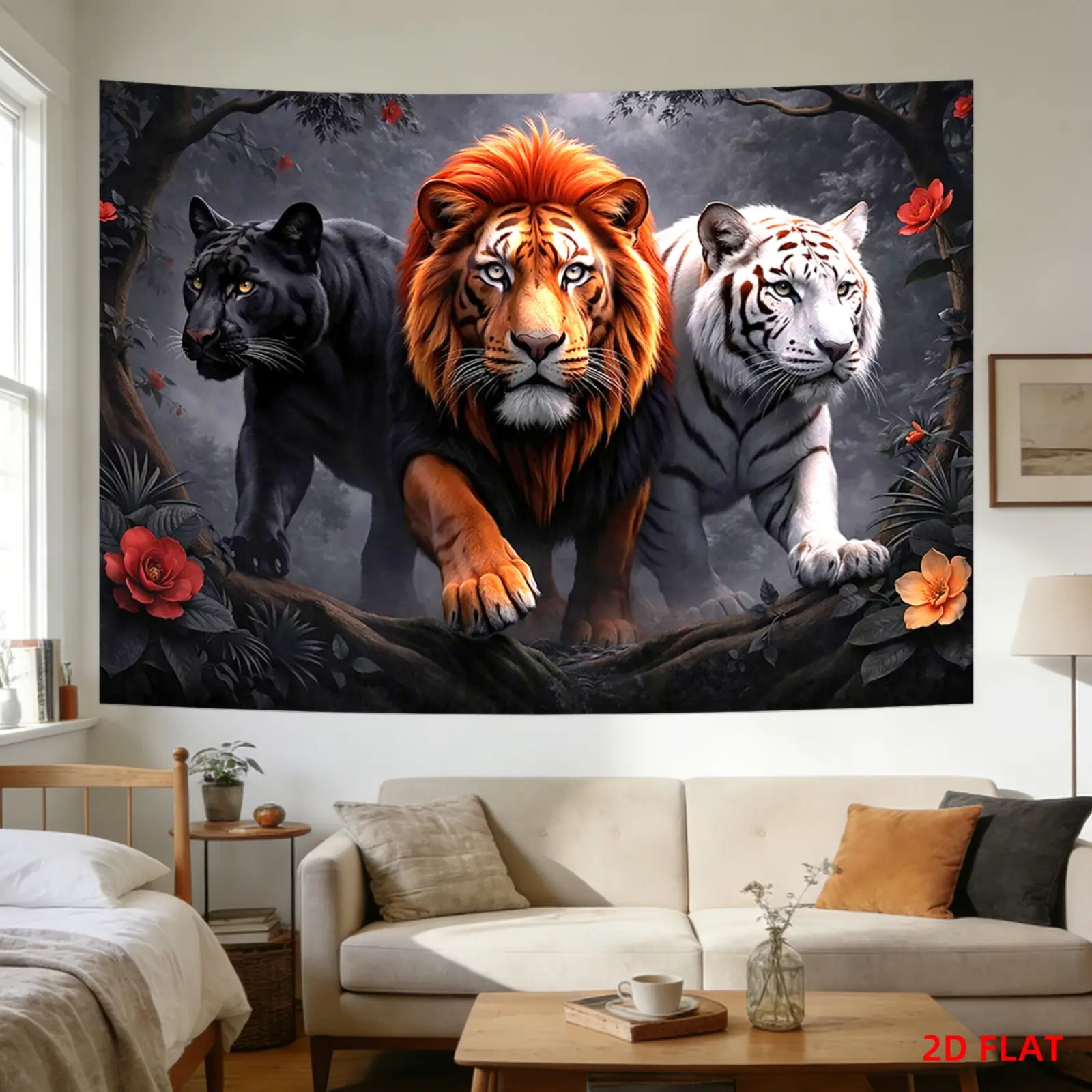 Tapestry Tiger, Lion, Panther, Forest, And Flowers, Ideal for Decorating Walls in Living Rooms, Meditation Spaces, Offices, Or for Party Decor. It Does Not Glow in The Dark