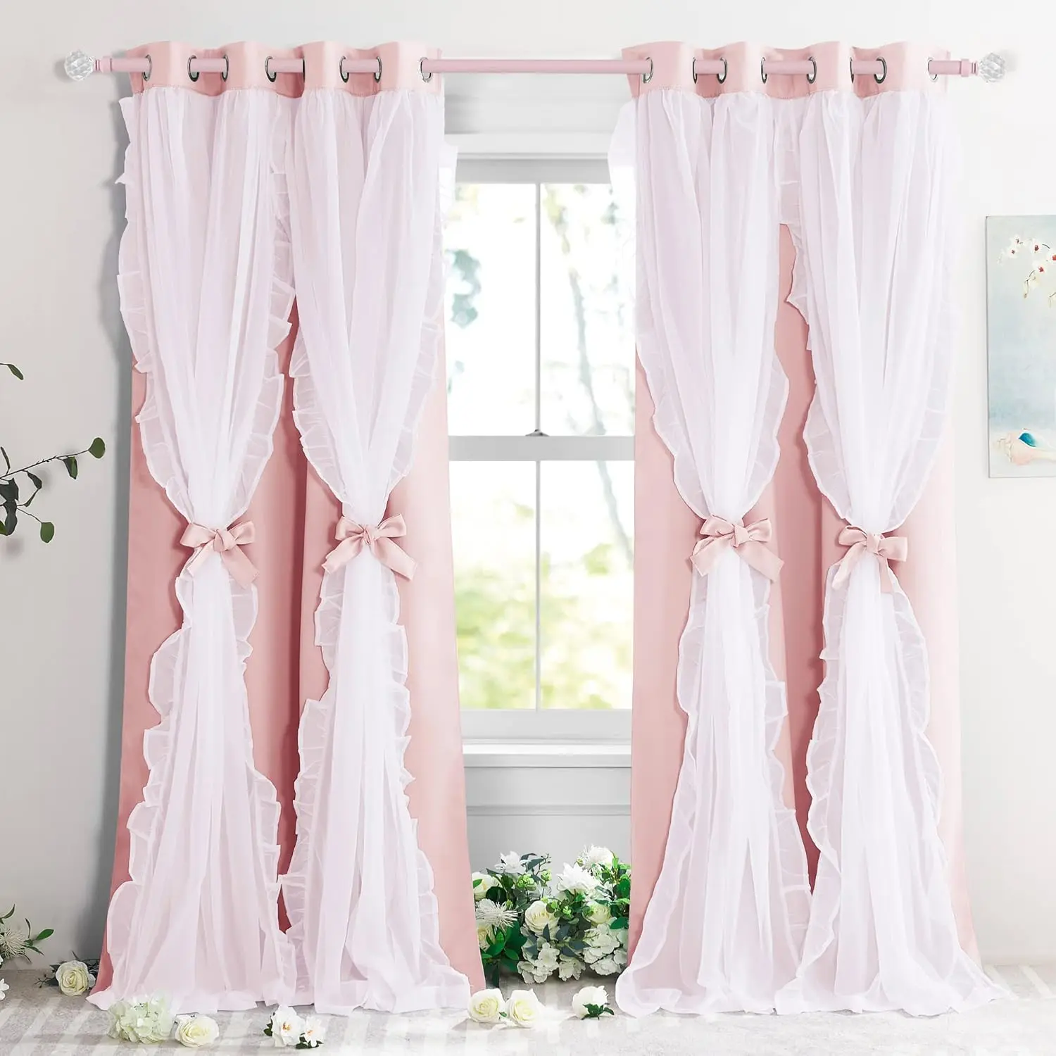 Pink Blackout Curtains for Nursery, Layer Bow Curtains with Ruffle Sheer Overlay for Girls Bedroom, Cute Kids Toddler Room Decor Drapes Coquette Style, 52x84 inch, 2 PCs