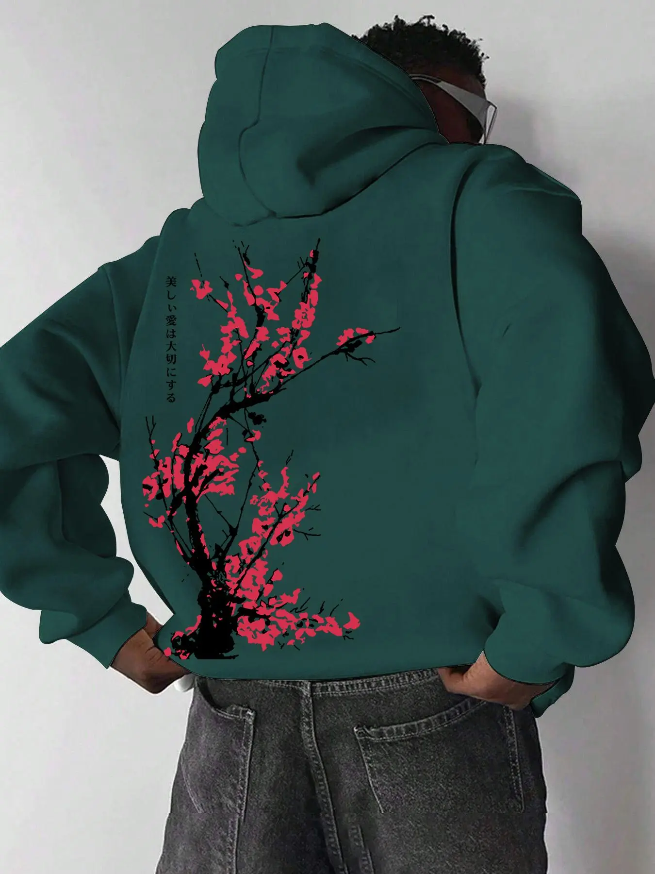 Men's Plum Blossom Print Loose Fit Hooded Long Sleeve Sweatshirt, Casual Street Style, Fall & Winter Fashion, Unlined