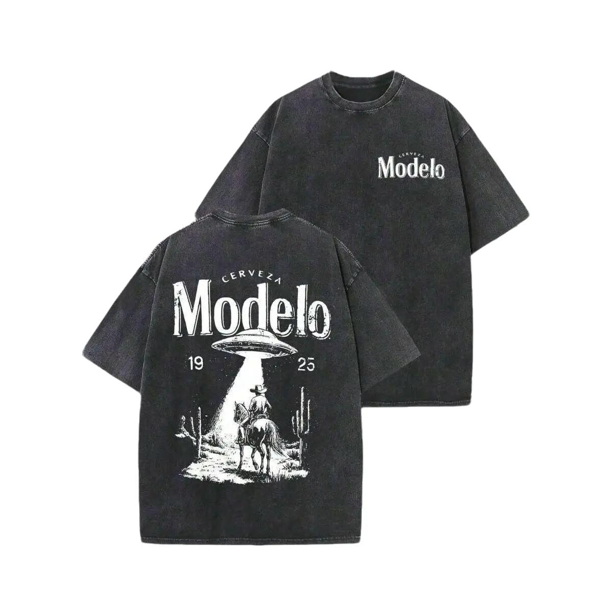 Modelo UFO Cowboy Graphic T-Shirt - Unisex Heavyweight Vintage Washed Retro Streetwear Oversized Tee