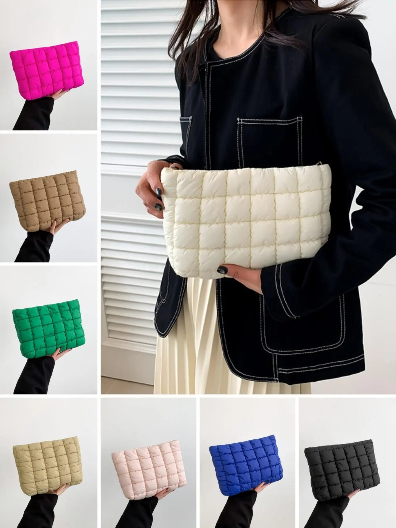 Macaron Color Square Quilted Puffer Clutch Bag, Clutches Wristlets, Soft Waterproof Nylon Portable Handbag, Multifunctional Makeup Storage Pouch, Elegant Stylish Hand Purse for Women Daily Outdoor Dating Evening Party Travel Shopping, Gift for Ladies