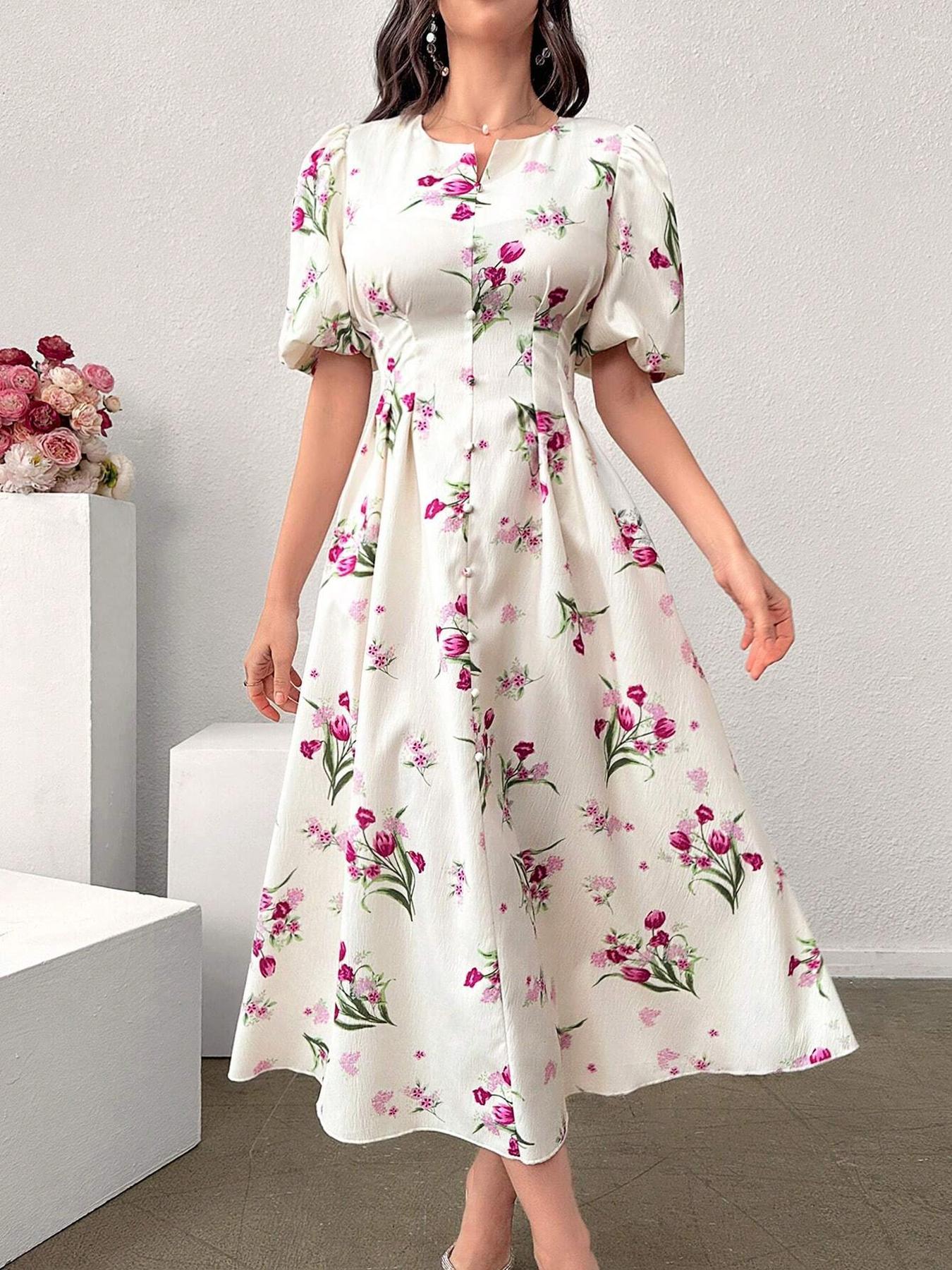 Women's Floral Print Puff Sleeve Dress, Elegant Short Sleeve A Line Dress for Party Holiday Wedding Guest, Ladies Clothes for All Seasons, Womenswear, Shortsleeve, Formal Dresses Women, Wedding Gown
