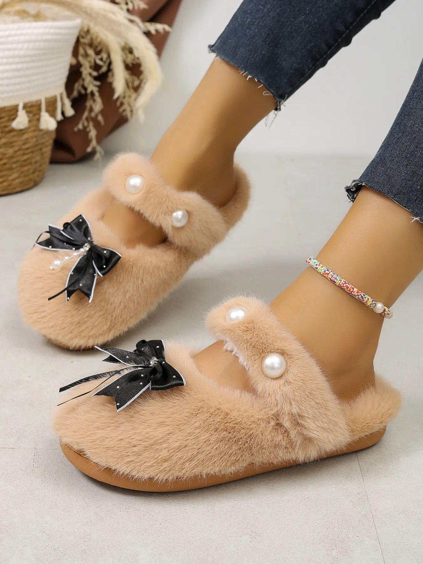 Princess Style Pearl Bow Plush Mary Jane Slippers, Women's Warm Backless Home Shoes, Fashionable Casual Footwear, Soft Fluffy Footwear