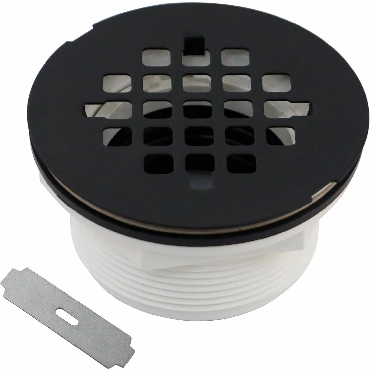 Matte Black No Caulk Shower Drain, 2 Inch Compression Shower Drain with Round Floor Drain Cover, PVC Shower Drain Replacement for Acrylic Fiberglass Shower Base, Stainless Steel Snap in Cover