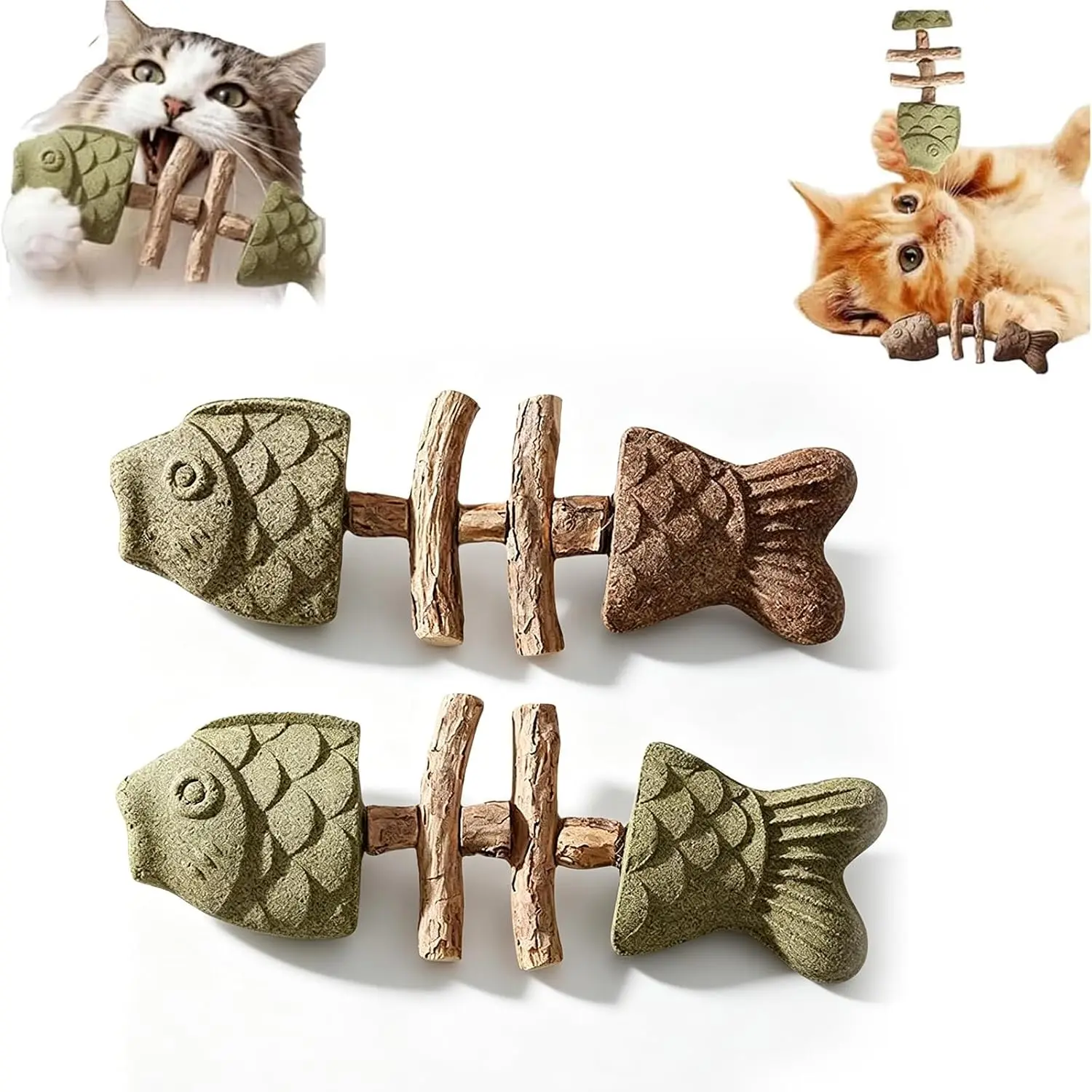 2PCS Fish Shape Cat Chew Toy Set Pack - Natural Wooden Catnip & Silvervine Stick for Bite Relief, Dental Health & Teething Enrichment (Indoor Leisure Pet Gear), Natural Wood