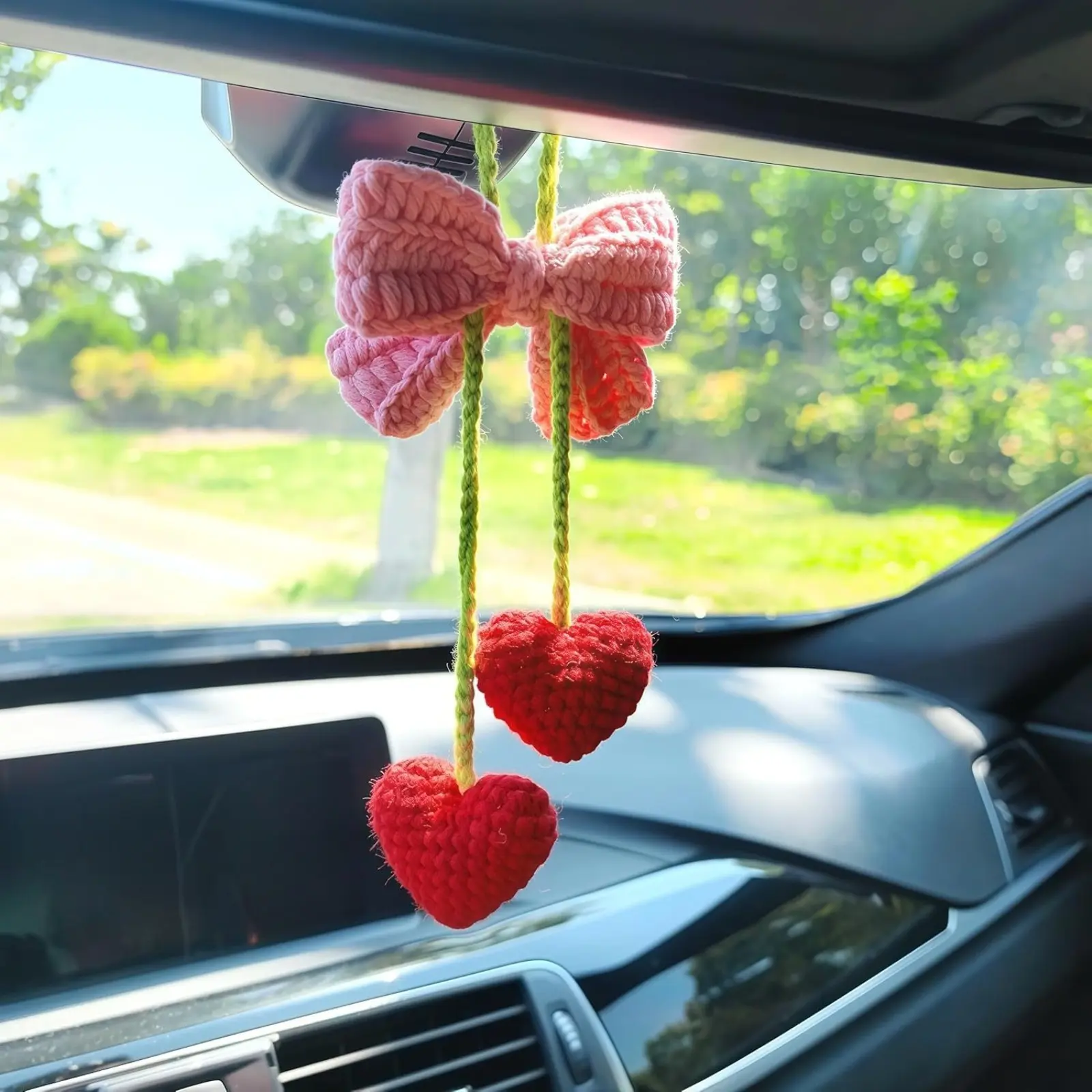 Crochet Car Rearview Mirror Hanging Accessories: Cute Pink Bow & Red Heart Handmade Knit Pendant Charm Aesthetic Interior Decor Gift for Women