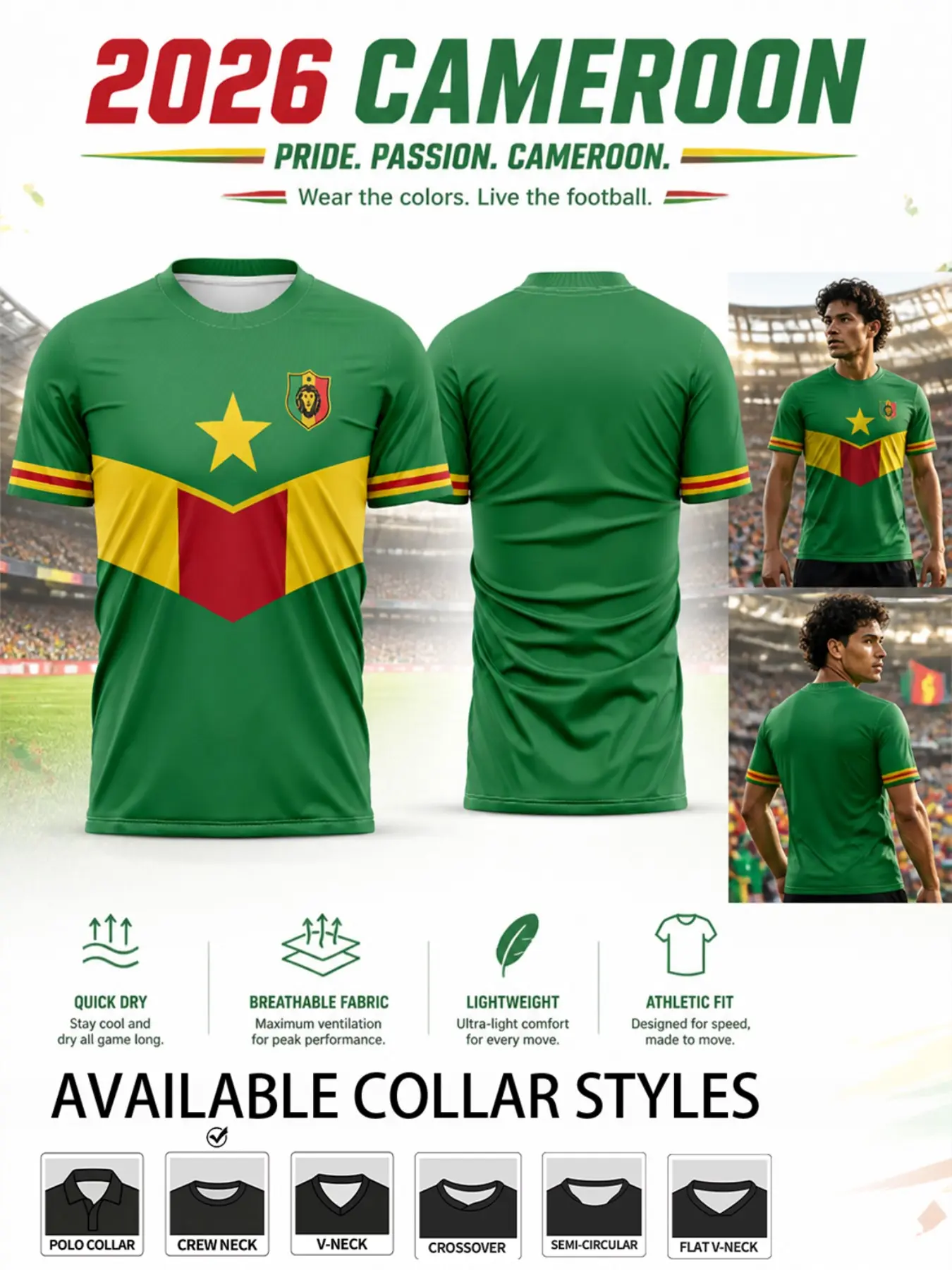 2026 Cameroon Soccer Jersey, V Pattern, Breathable Quick-Dry Sporty T-Shirt, Training Short Sleeve, All Seasons