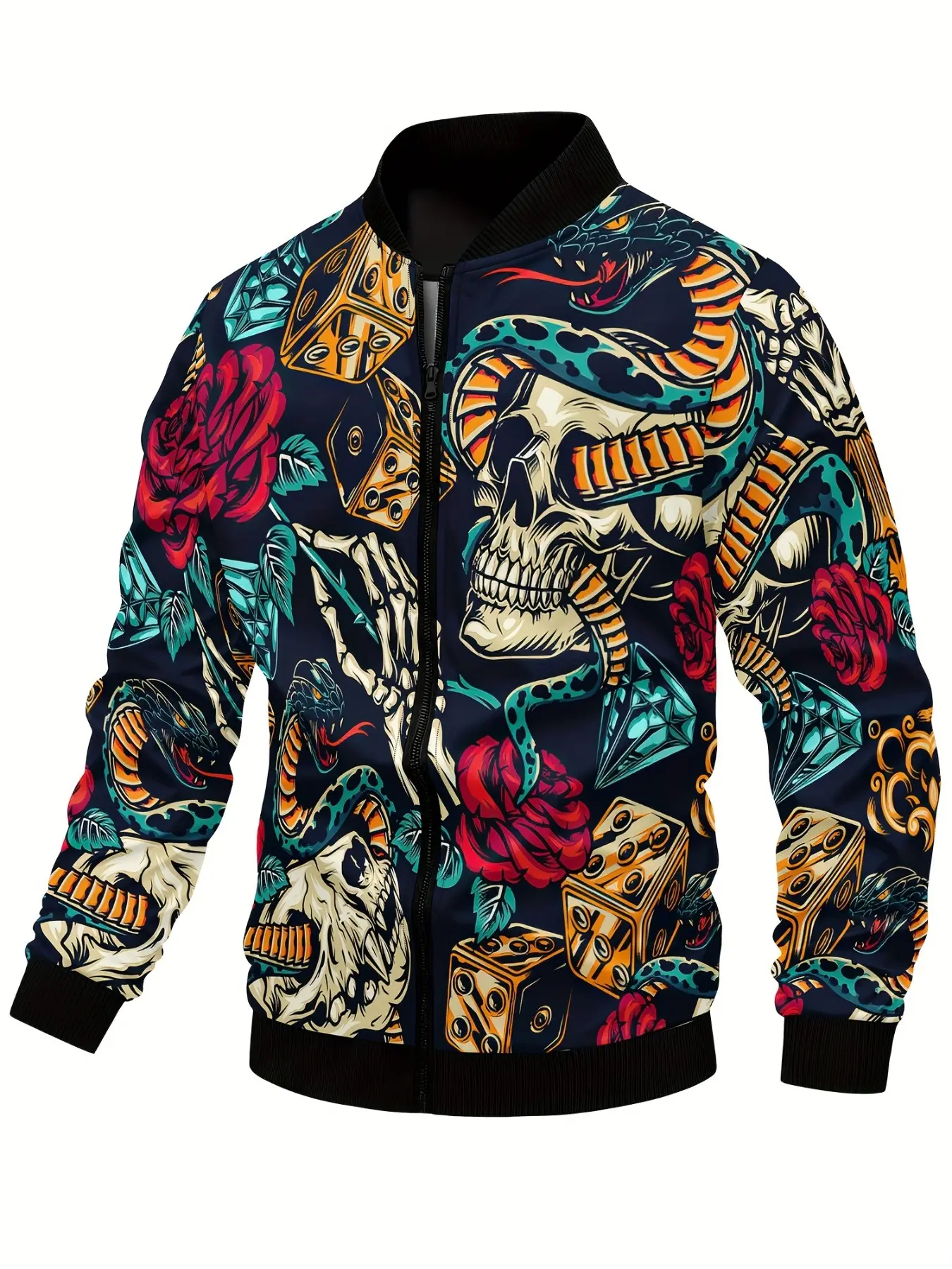 American Old School Tattoo Print Baseball Jacket, Skull Snake Rose Dice Punk Motorcycle Style Zipper Coat, Unique Streetwear Outerwear