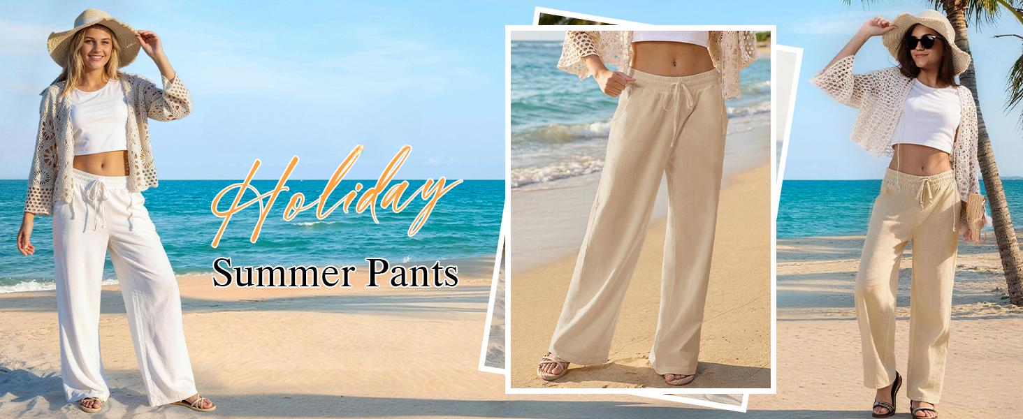 Womens Casual Linen Wide Leg Pants Flowy Drawstring High Waist Palazzo Beach Vacation Trousers
