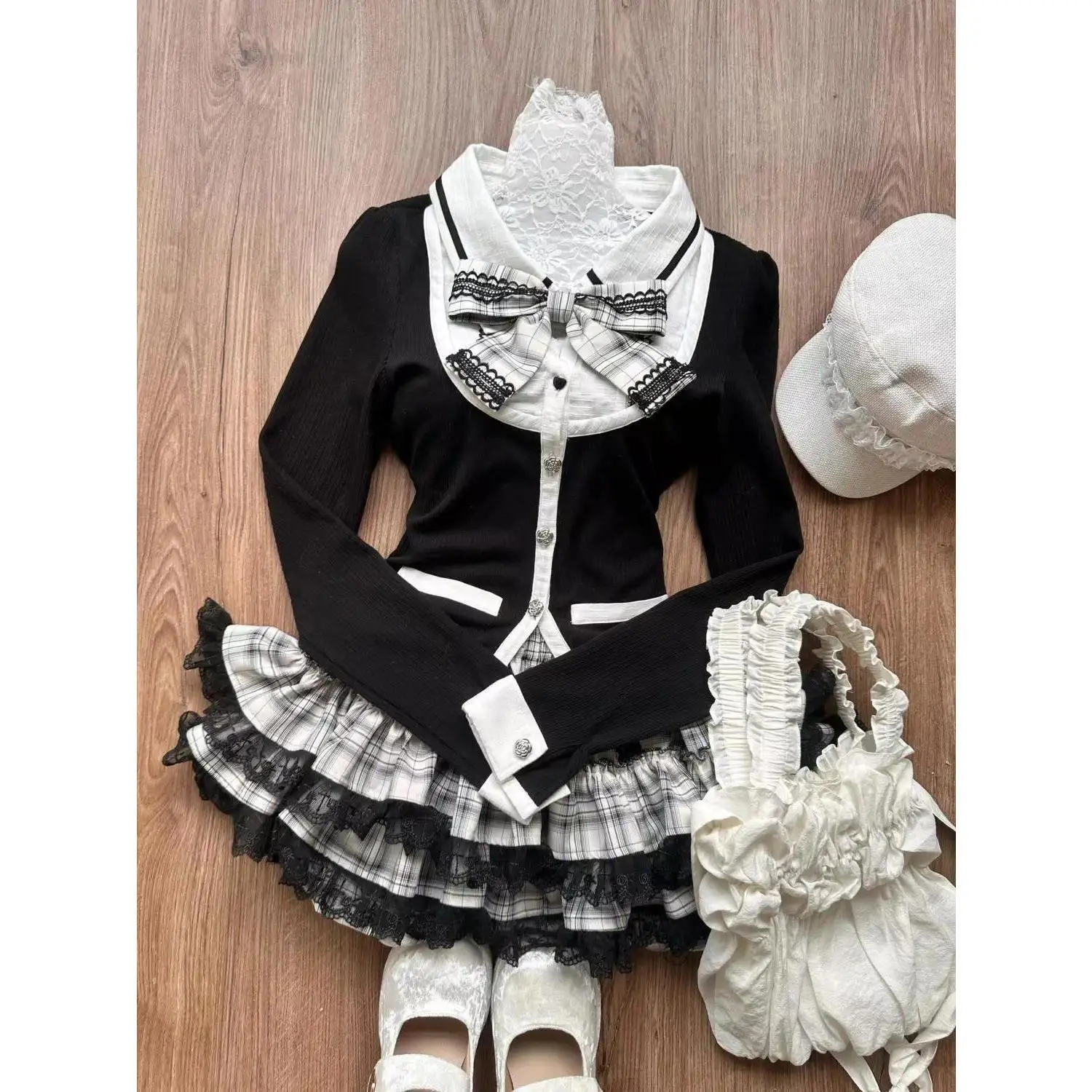 Vintage 2Piece Autumn Clothes Y2k Harajuku Lace Lattice Skirt Girl Dresses Preppy Fashion Korean Bow Women T-Shirt Dress Elegant