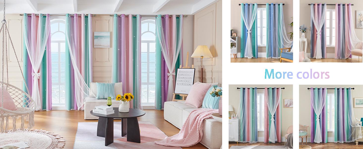 Curtains for Girls Bedroom Decor, Rainbow Blackout Curtains for/Little Girl Room Decor, Unicorn Wall Decals,Pink Purple Green,63 x 34 inches,1 Panel