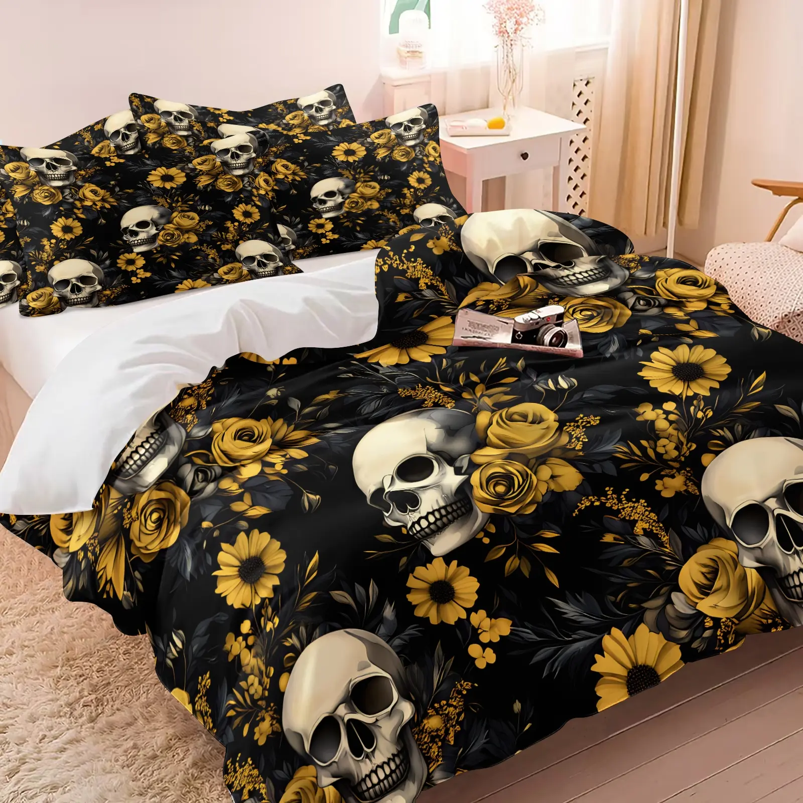 Skull Yellow Rose Print Duvet Cover Set, Includes 1-2 Pillowcases, Black Gothic Neutral Bedding, Vintage Floral Skeleton Bed Set All Size, Skin-Friendly Breathable Anti-Pilling Fabric, Edgy Dark Bedroom Decor, Halloween Lover Gift