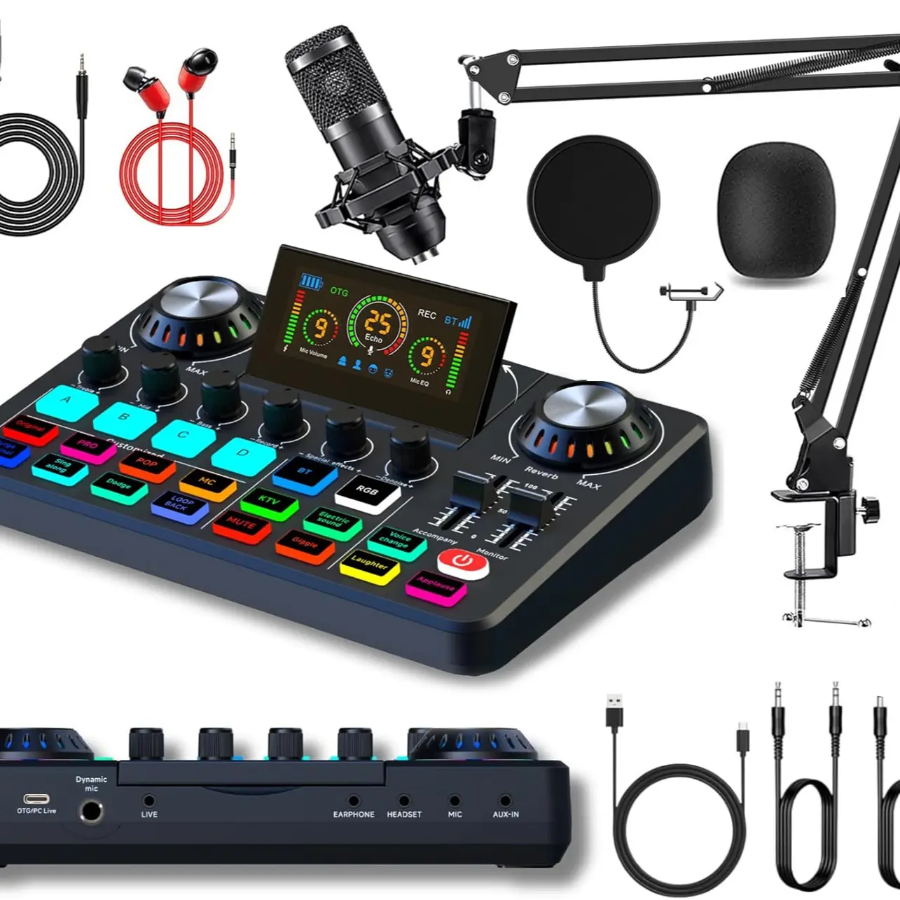 Equipped with a live sound card, OTG interface multi sound effects plug and play portable mixer, Streaming audio mixer, and BM-800 microphone set, suitable for live streaming, podcasting, gaming, singing, KTV, content creation