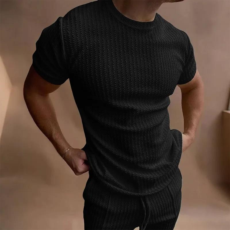 Kyn Apparel Men's Waffle Knit Two Piece Set Solid Color Short Sleeve T-shirt & Elastic Waist Shorts Casual Loungewear Tracksuit