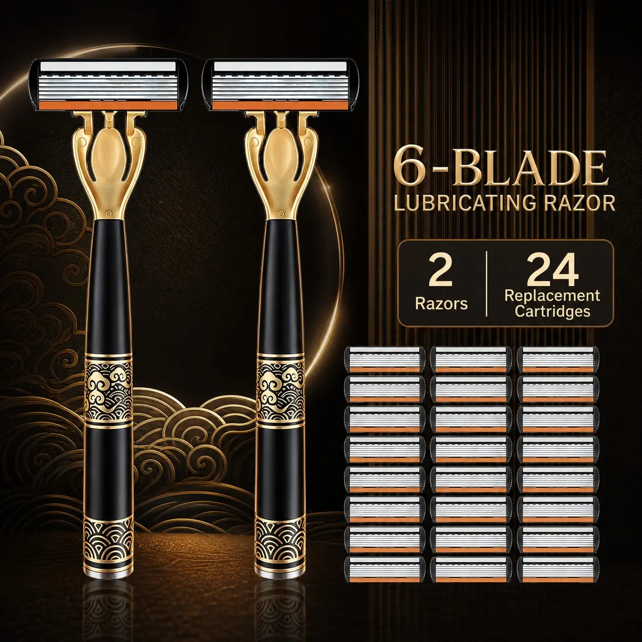 Traditional Style Gold Six-Layer Manual Razor Set, Includes 2 Elegant Razors + 24 Replacement Heads, Smooth Shave, Anti-Irritation, Non-Slip Handle