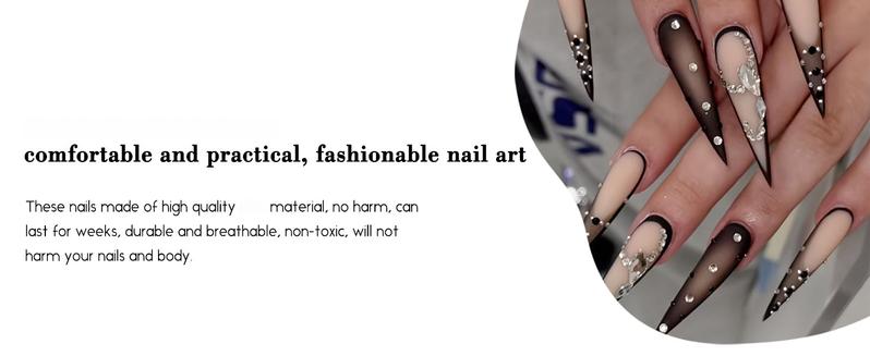Black Ombre Press on Nails Long Stiletto Fake Nails Matte Rhinestone Extra Long False Nails Full Cover Glossy Glue on Acrylic Nails for Women 24Pcs