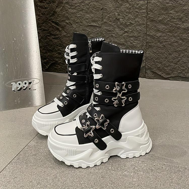 Chunky Platform Thick-Sole Height Increase 1.38 1.97 Lift Lace-Up Round-Toe All-Season All-Terrain Traction Low Heel Rubber Sole Fabric Upper Casual Athletic Wear Brown Black Easy-Clean Hand Washable