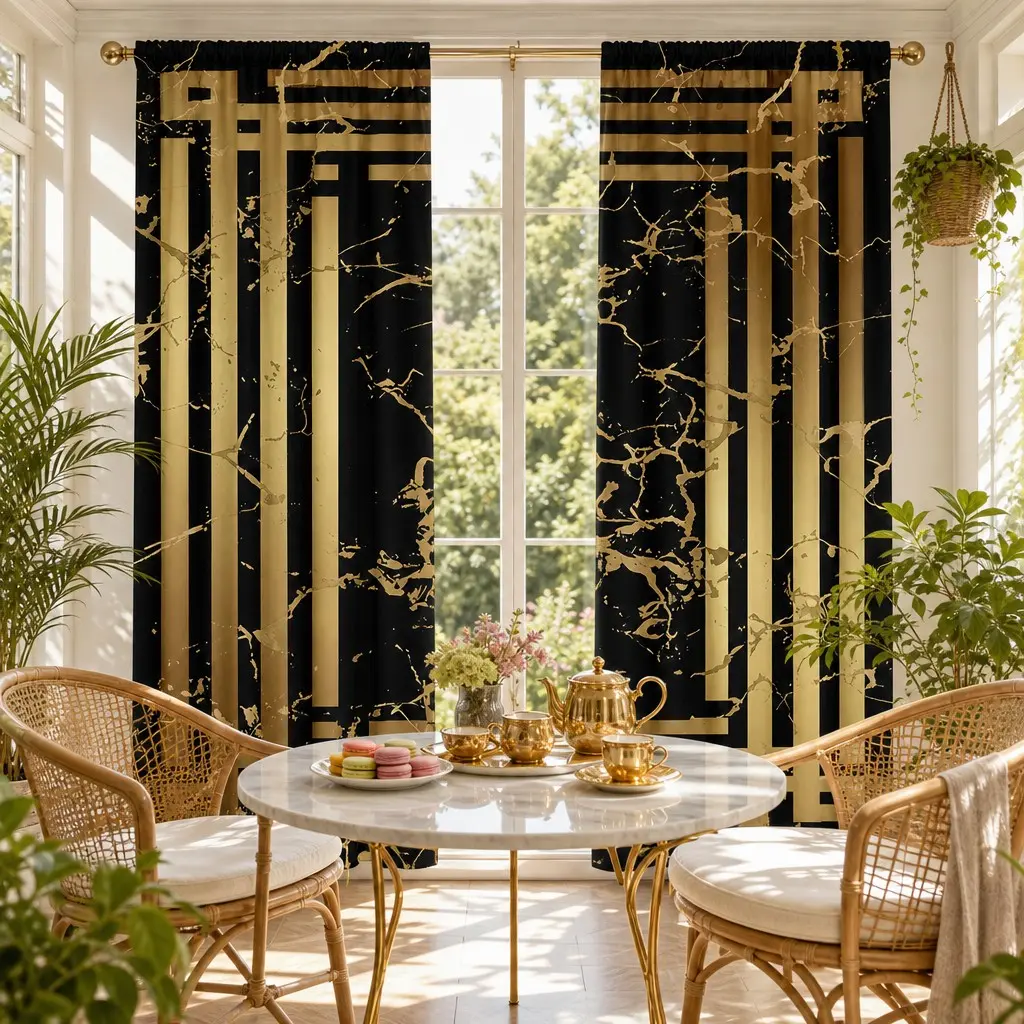 Gold Geometric Marble Curtains, Modern Abstract Golden Crack Print, Luxury Artistic Pleated Bag Curtains (2 Pieces) for Living Room, Bedroom
