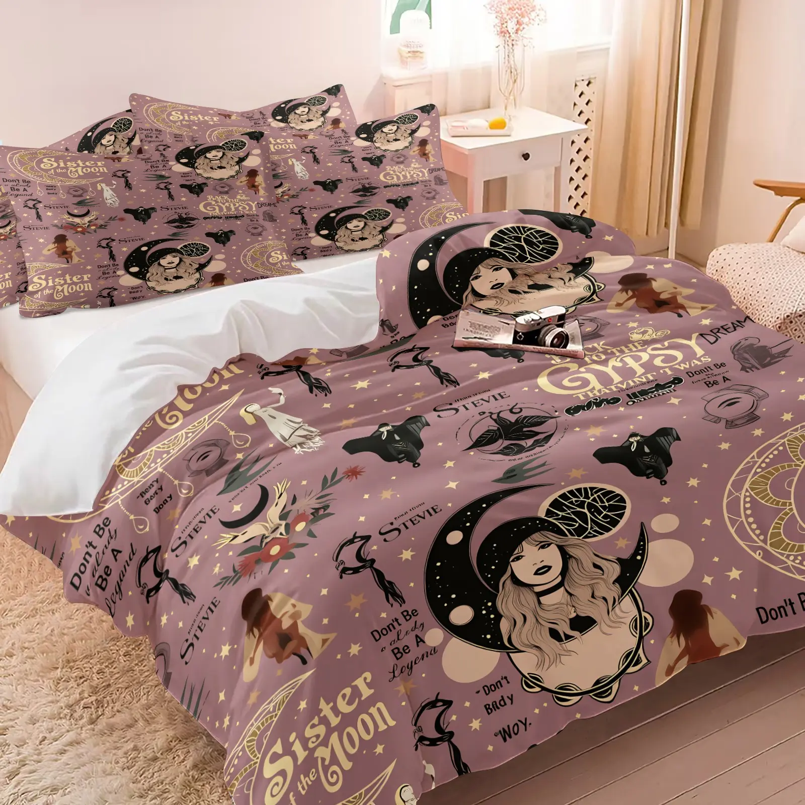 2/3Pcs Fluffy Stevie Nicks Sister Of The Moon Comforter Set Pink Gypsy Witch Crescent Star Vintage Text Print Bedding Boho Retro Lightweight All Season Bed Set For Hippie Themed Bedroom