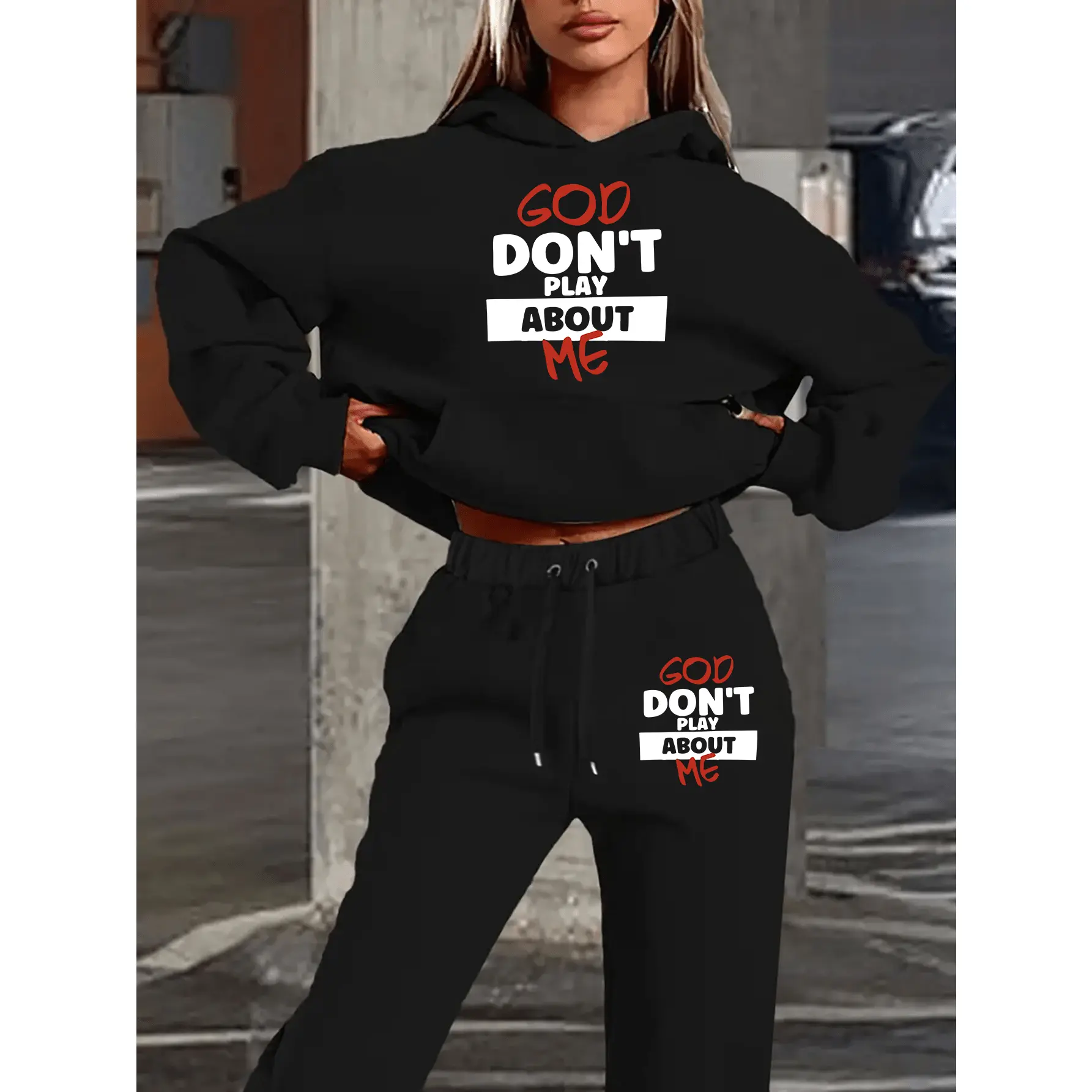Lady Women's Oversized Fleece 2-Piece Set - Hooded Sweatshirt, Drawstring Joggers, "GOD DON'T PLAY ABOUT ME" Letter Print, Loose-Fit Red All-Season Cozy Lounge Outfit
