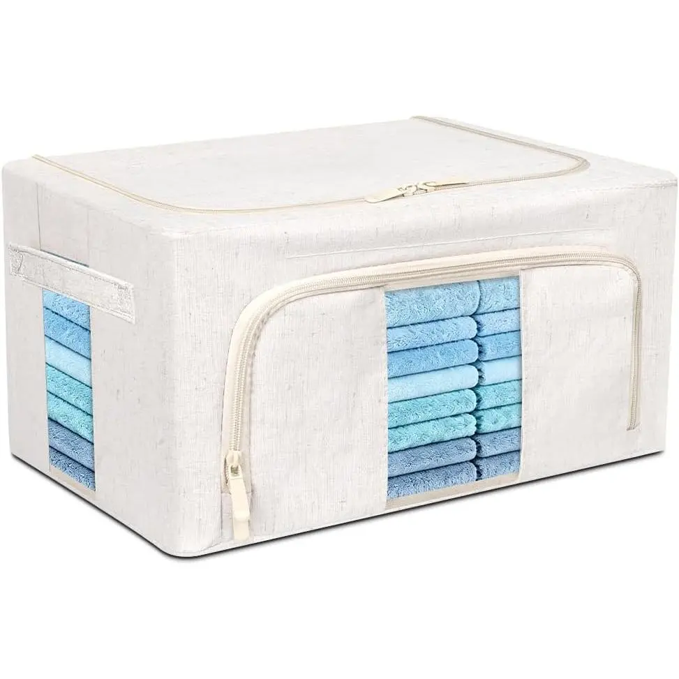 Foldable Clothes Storage Bins with Solid core -coated steel , 24/ 66L Storage Bags Fabric Box Organizer with Clear Window Zippers Sturdy Handles 2 Pack (Beige, 24L 1Pack)