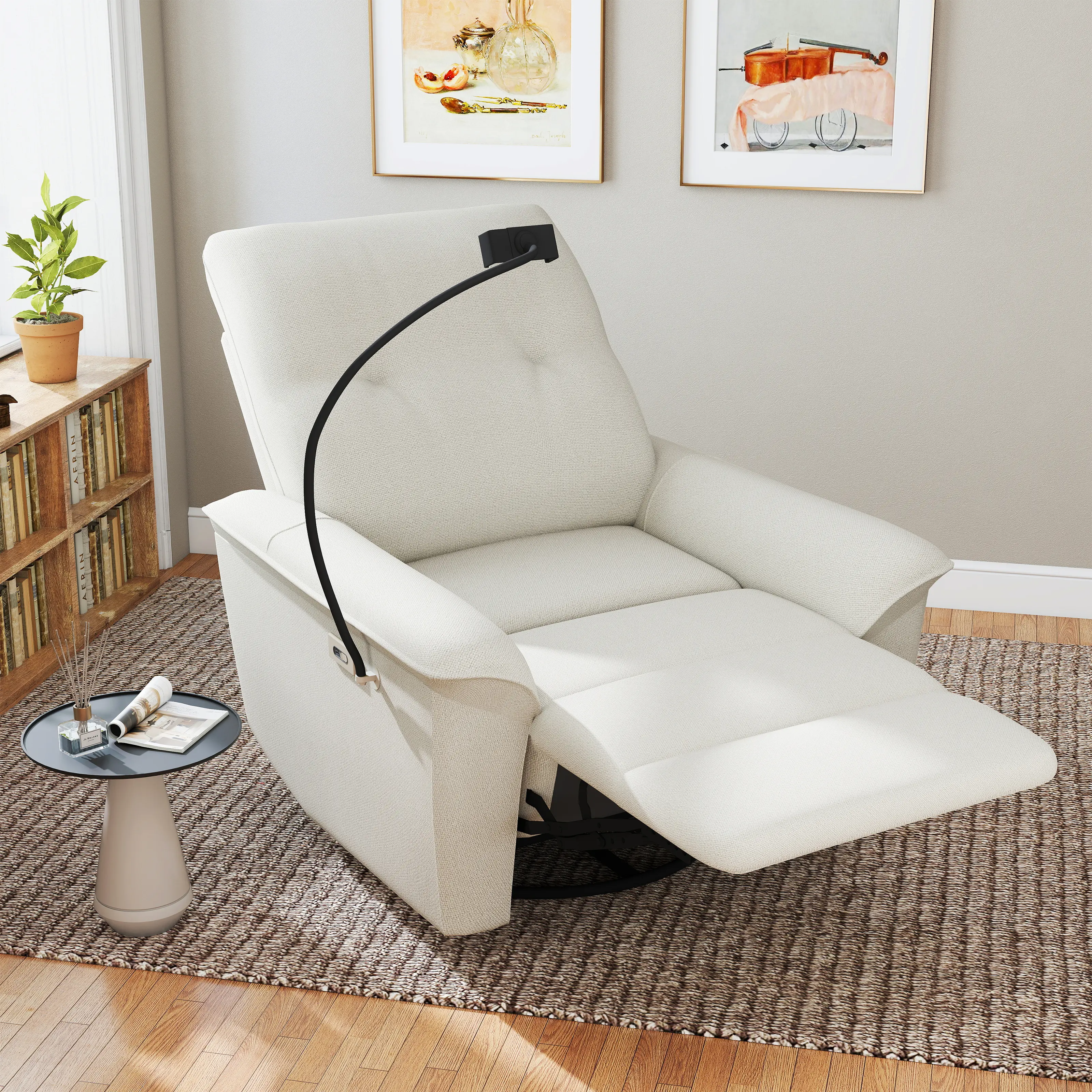 Beige Snowflake Velvet Single Seat ARCH 270° Power Swivel Rocker Recliner Chair with Rocker Base, Phone Holder, USB Ports, Medium-Soft Foam Cushion, Sturdy Wood-Metal Frame, for Living Room, Bedroom, Sturdy Frame