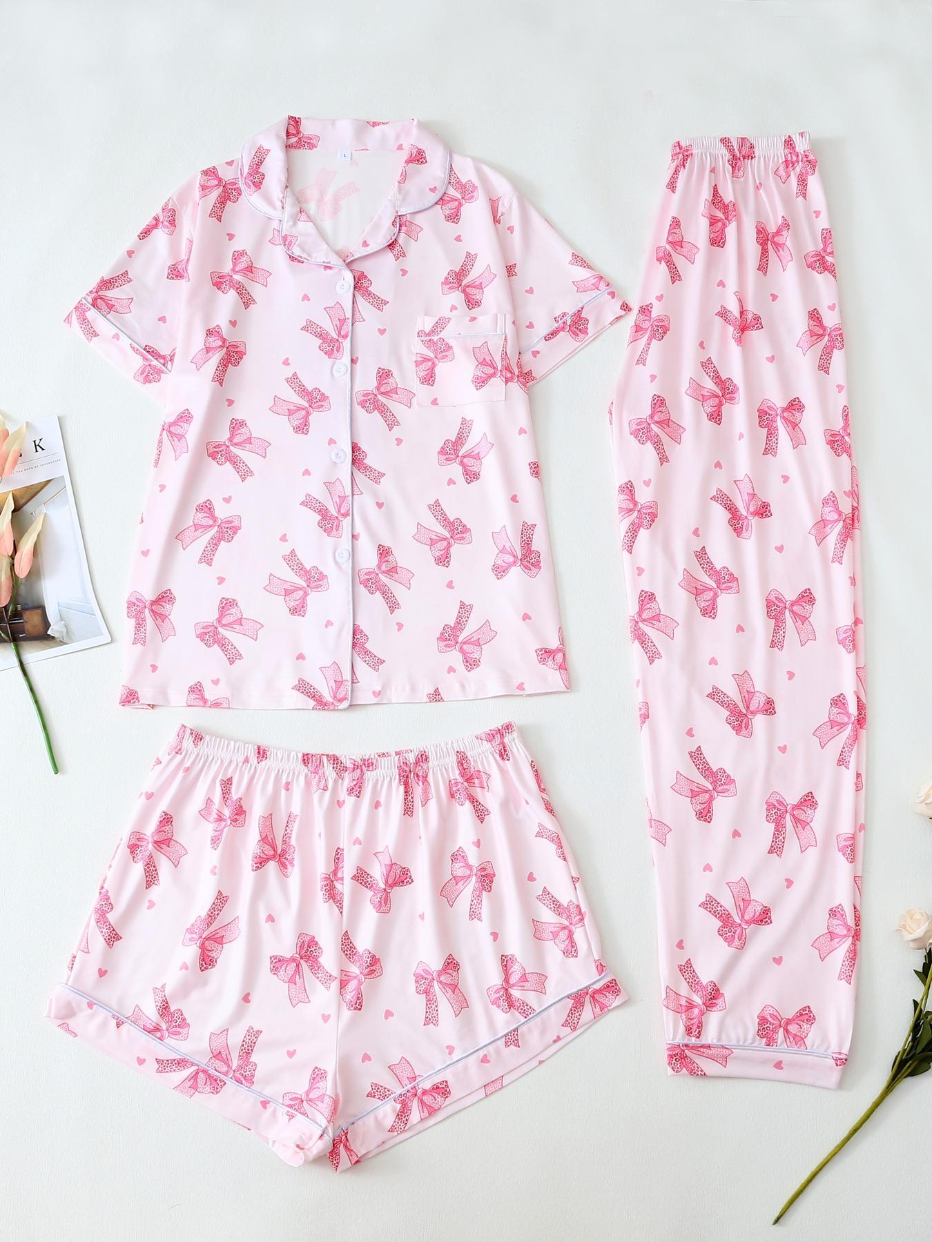 Three-piece Set Women's Bowknot & Heart Print Pajama Set, Cute Comfy Short Sleeve Tee & Elastic Waist Trousers & Shorts Pj Set, Ladies Sleepwear for All Seasons, Casual Sleepwear Set