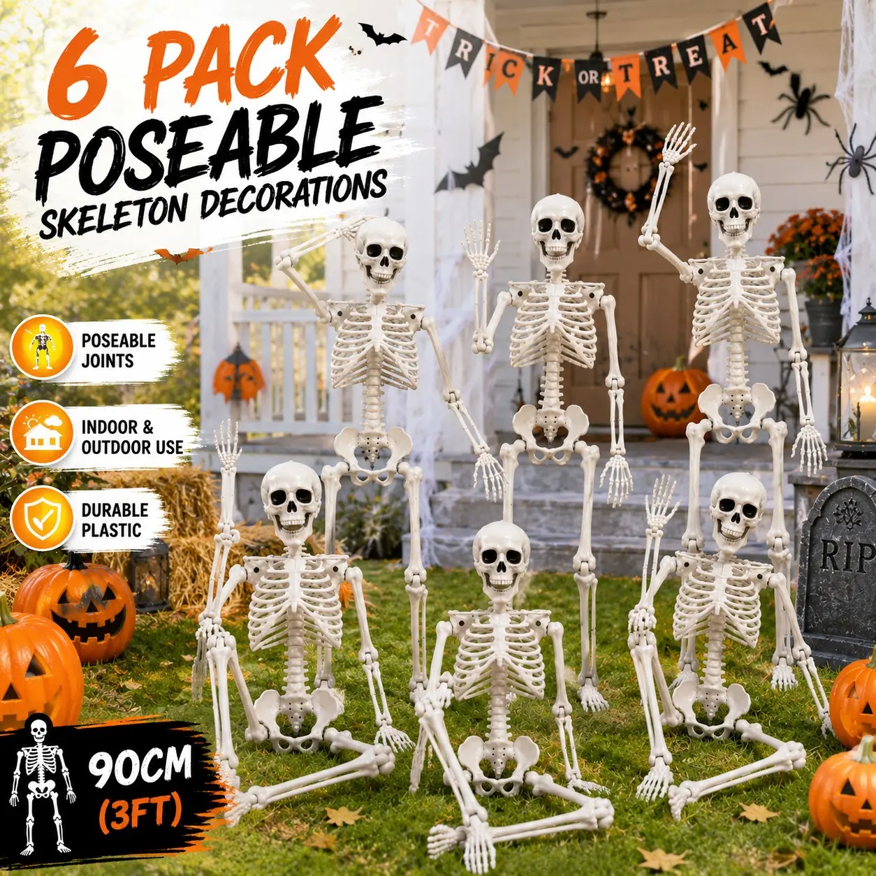 90cm Halloween Posable Skeleton Decoration, 3ft Full Body Plastic Skeleton with Movable Joints, Spooky Prop for Parties, Indoors & Outdoors