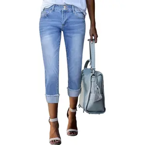 Women's Capri Jeans High Waisted Stretchy Roll-up Skinny Cuffed Cropped Summer Capri Pants