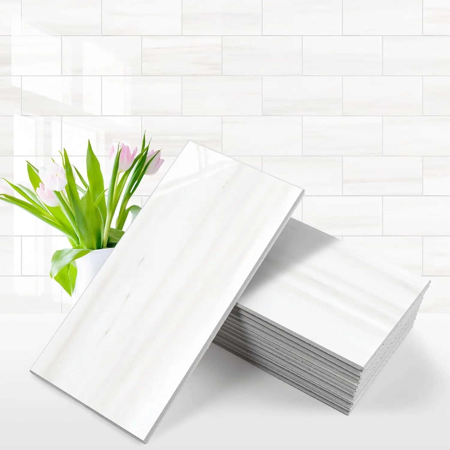 Vamos Tile 100-Piece Glossy Dolomite White Peel and Stick Backsplash Tile,3''x6'' PVC Subway Tile with White Grout, Stick on Backsplash for Kitchen/Bathroom/Fireplace