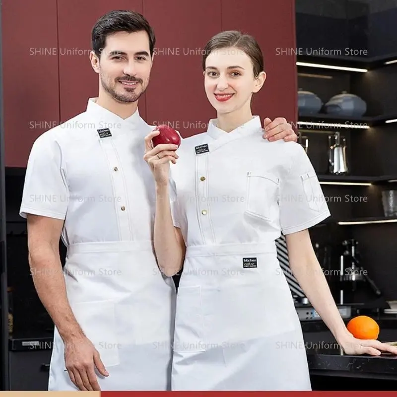 Women's Plain Short-Sleeve Black Head Chef Workwear Jacket with Logo, Matching Apron, All-Season for Restaurant, Hotel Kitchen Use