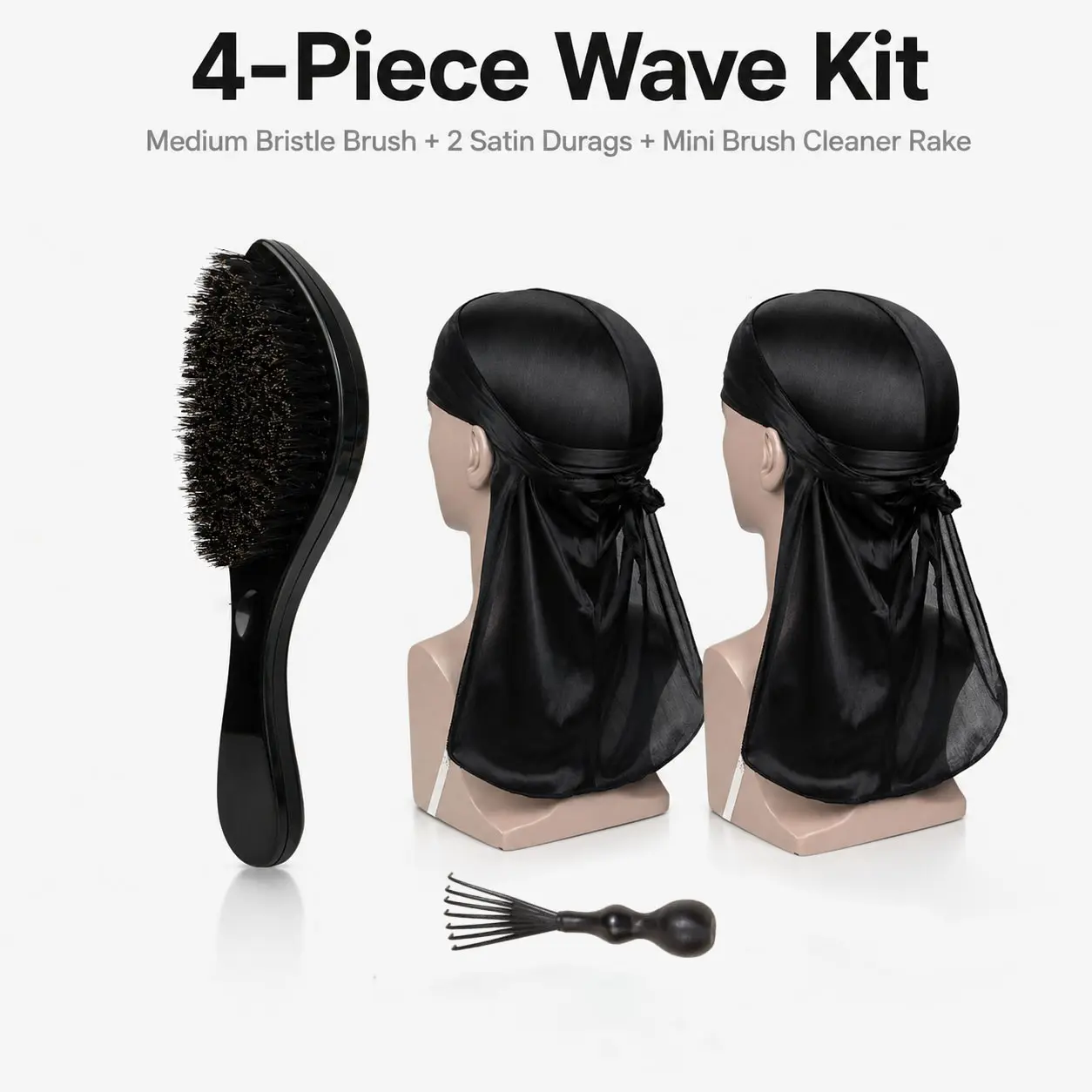 360 Wave Kit for Men, Medium Bristle Wave Brush with 2 Durags & Brush Cleaner, Wave Training Hair Styling Set for 360 Waves, Daily Grooming Hair Tools