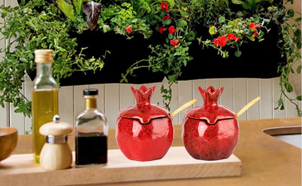 Salt Cellar 2 PCS Ceramic Pomegranate Shaped Salt Bowl With Lid and Spoon