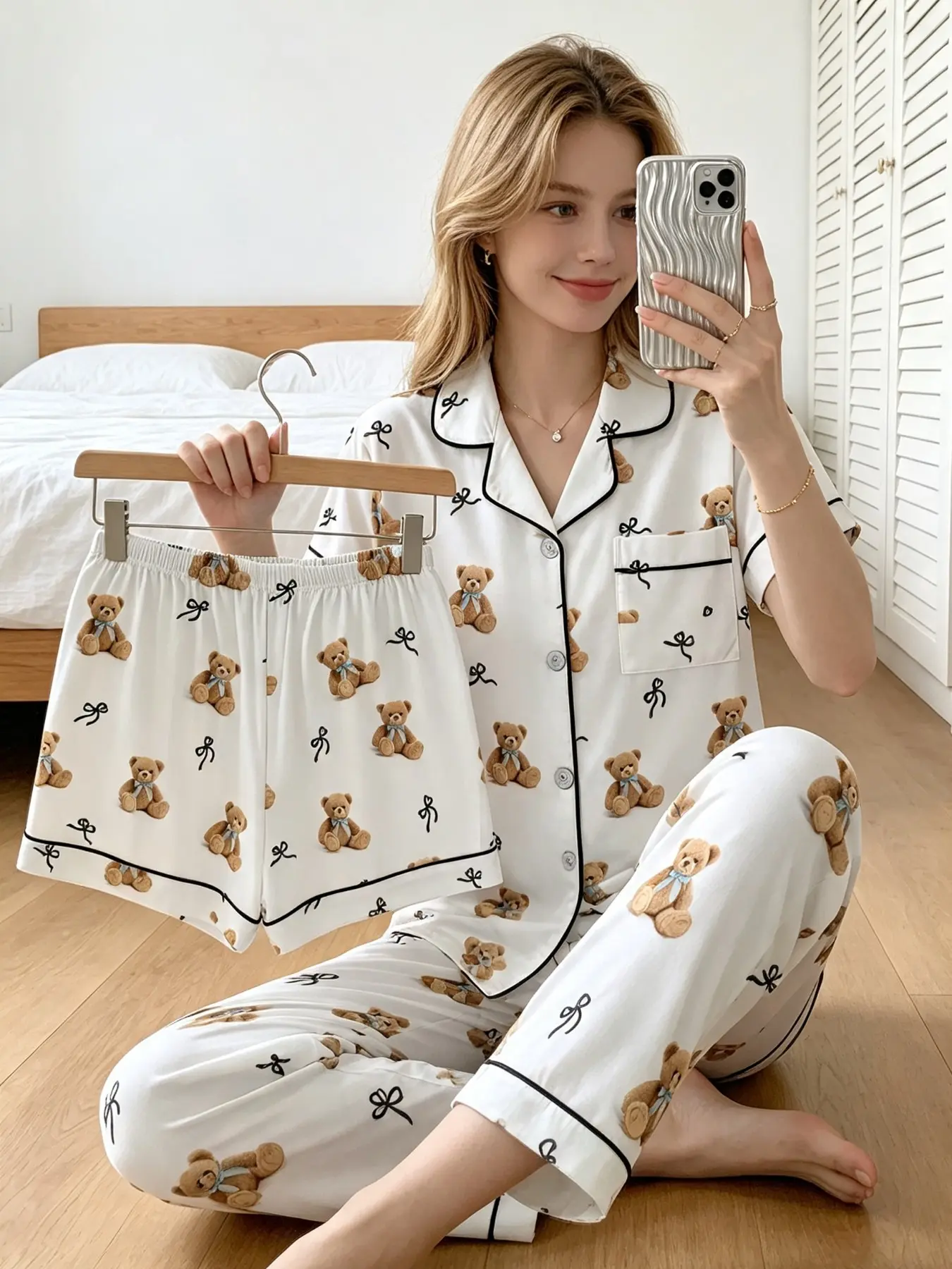 Summer Women's Pajama Set, Three-Piece Boho Style, Short Sleeve, Animal Print, Loose-Fit, Soft Polyester, Contrast Binding, All Seasons