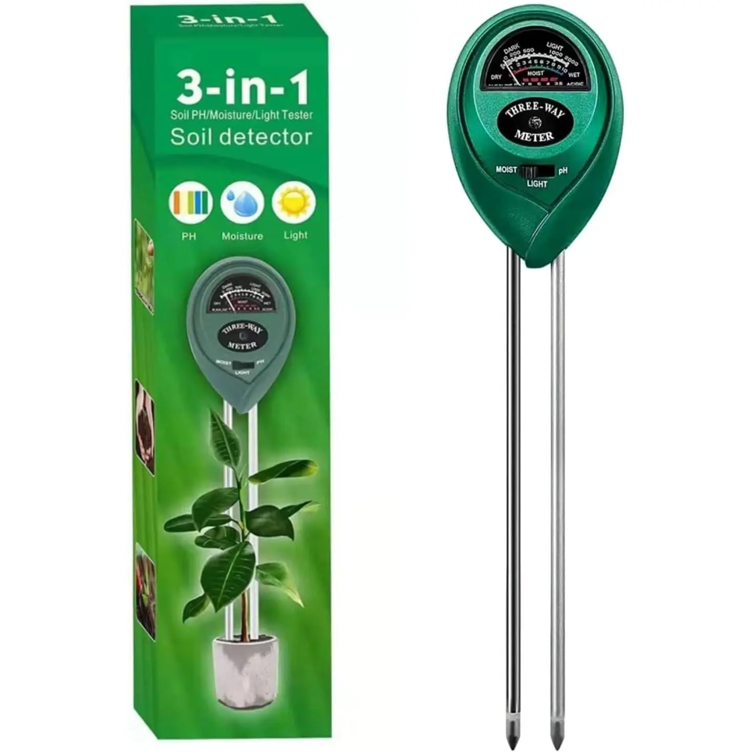 Soil  Meter PH Tester: 3-in-1 Soil Test Kit  Water Meter | Garden Light Thermometer Testing, Houseplants  Hygrometer, Ph Acidity Sensor for Lawn Farm, Indoor and Outdoor Use