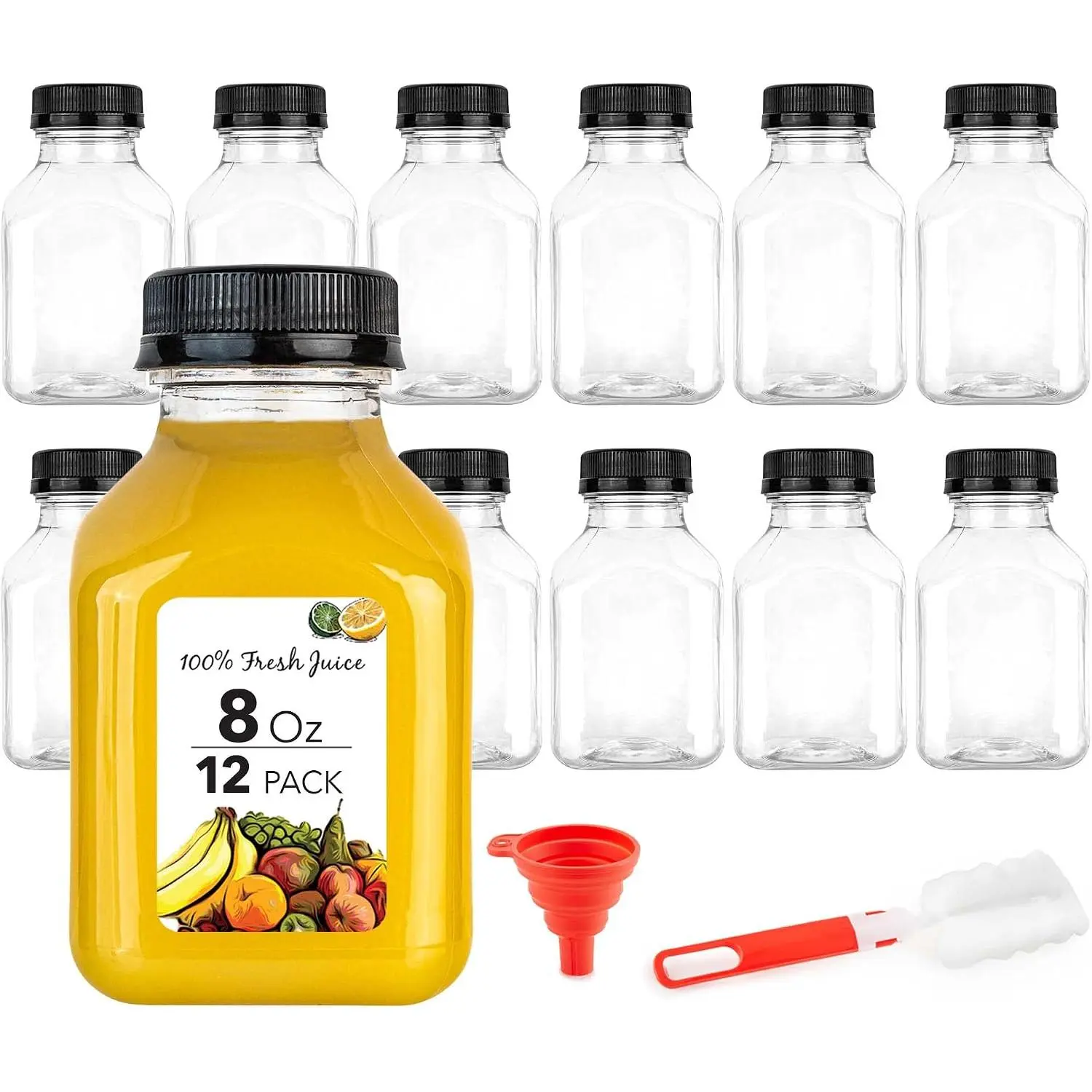 8 oz Juice Bottles with Caps -  Clear Plastic Drink Containers (12 pack) - Mini Water Bottles with Labels, Brush & Funnel