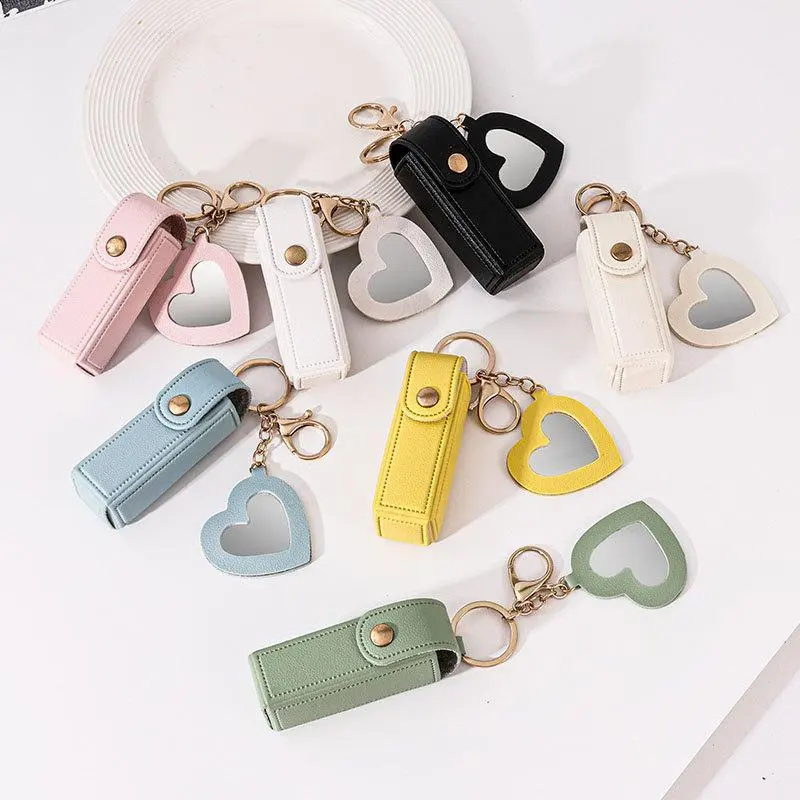 Unisex Mini Leather Lipstick Holder Keychain - Aesthetic, Mirror-Infused, Casual Polyester Nylon Charm, Cute Lip Gloss Pouch Ornament for Bags, Backpacks, Aesthetic Look, Cute Charm, Everyday Use, Bag Charm Styling