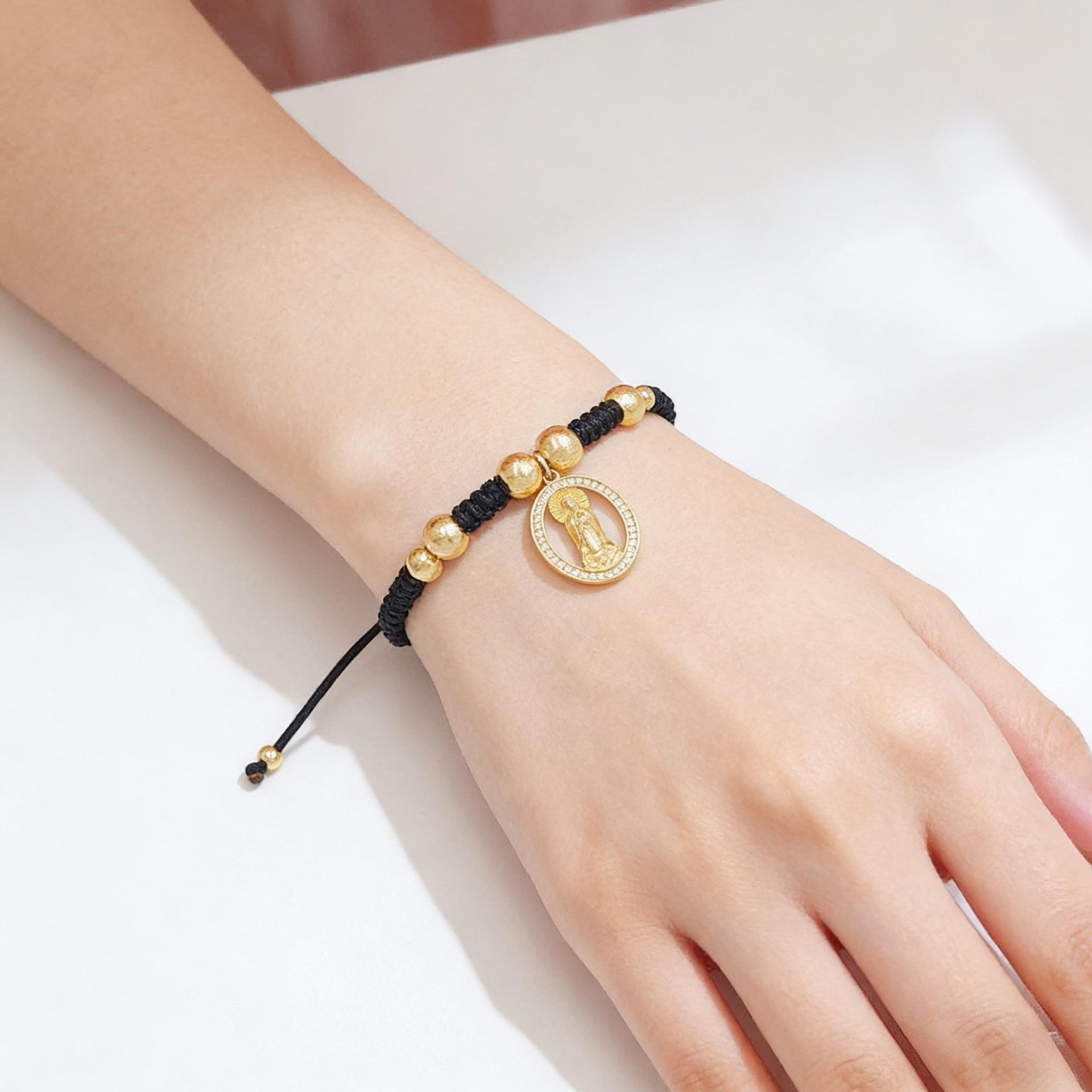 Cubic Zirconia Virgin Mary Red Rope Bracelet, Handmade Braided Adjustable Design with Gold Beads, Religious Inspired Jewelry for Women, Perfect for Daily Wear, Party & Spiritual Gift Giving