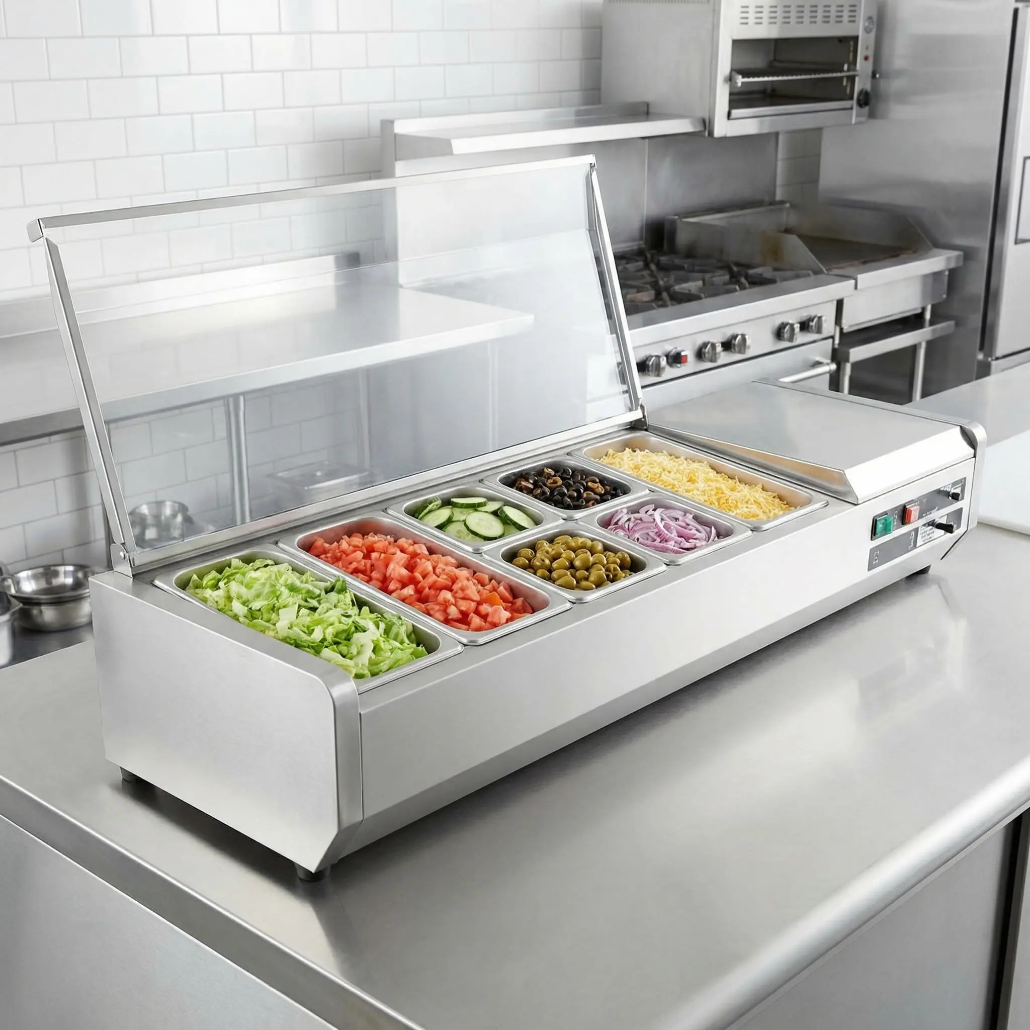 140W Commercial Countertop Refrigerated Condiment Prep Station – 304 Stainless Steel, 3-1/3 & 4-1/6 Pans, Hinged Guard, ETL Certified – Ideal for Salad Bars, Sandwich, Buffet, Food Service – Silver