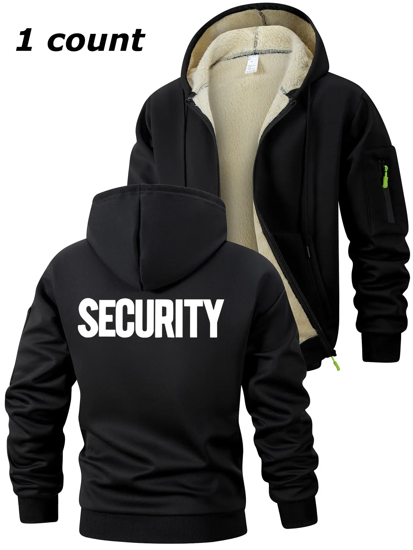 Security Letter Print Sherpa Fleece Lined Jacket for Men, Fall Winter Warm Thermal Plush Outwear Outfits Tops, Casual Cozy Hooded Sweatshirt Coat, Kangaroo Pocket Design, Zipper Pocket Sleeve, Casual Streetwear Essentials